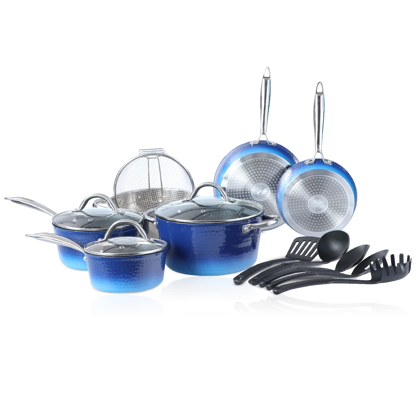 MAISON ARTS 15-Piece Nonstick Cookware Set - Granite Hammered Pots & Pans for Induction, Dishwasher, Oven & Stovetop (Blue) | Perfect for Home Cooking, Meal Prep & Professional Chefs