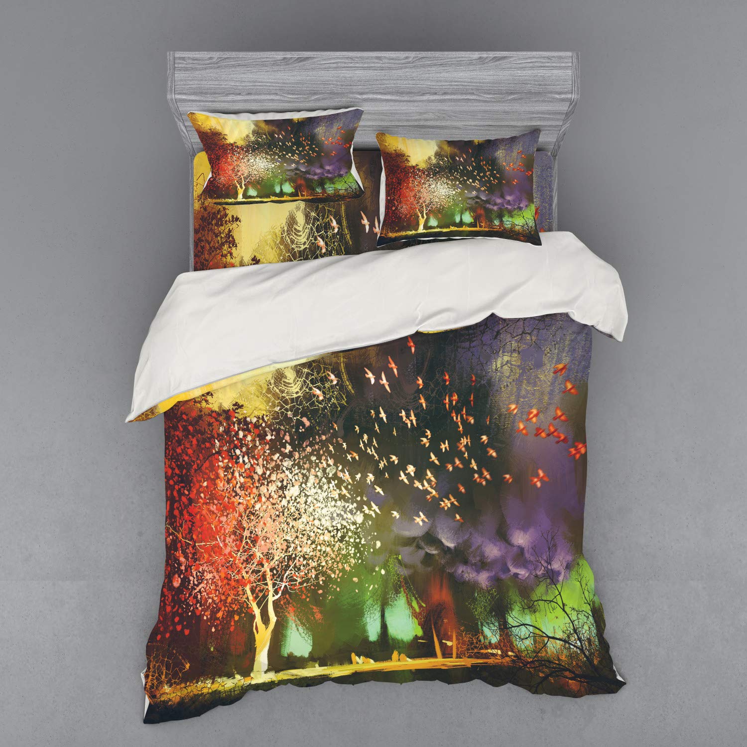 Ambesonne Fantasy Bedding Set - Queen Size 4-Piece Duvet Cover Set with Shams & Fitted Sheet, Mystical Forest Design with Trees & Birds in Yellow & Purple | Perfect for Bedroom Decor, Gift Ideas & Cozy Sleep