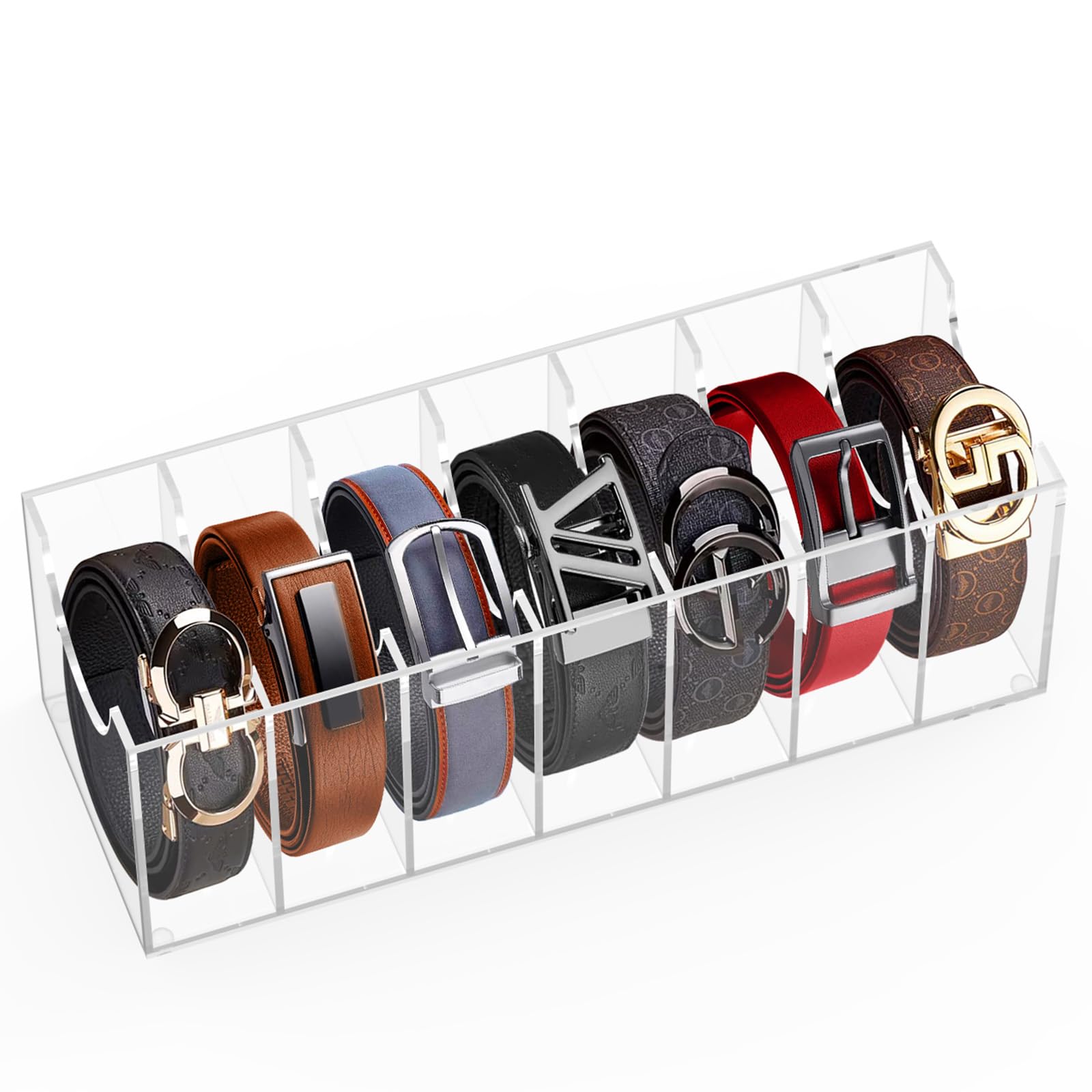 Acrylic Belt Organizer for Closet & Drawer - 7 Compartment Clear Tie Rack Storage for Men | Wall Mount Belt Holder for Bow Ties, Cosmetics, Bracelets & Jewelry - Perfect for Bedroom Closet Organization & Accessory Display