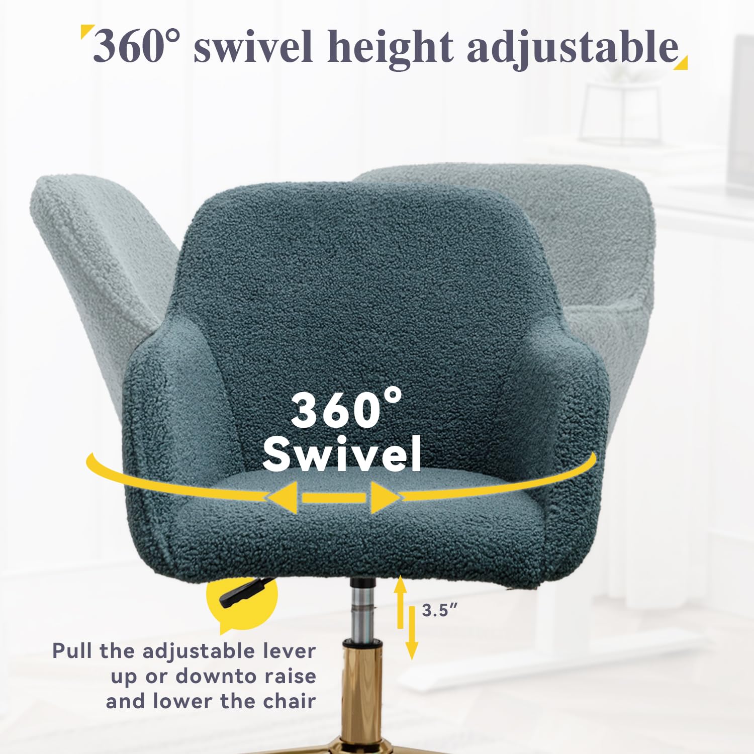 Teddy Fabric Home Office Chair - Cute Swivel Desk Chair with Wheels, Modern Rolling Adjustable Vanity Chair with Gold Base for Home Office, Vanity Room, Bedroom - Perfect for Work from Home, Gaming, and Makeup Station
