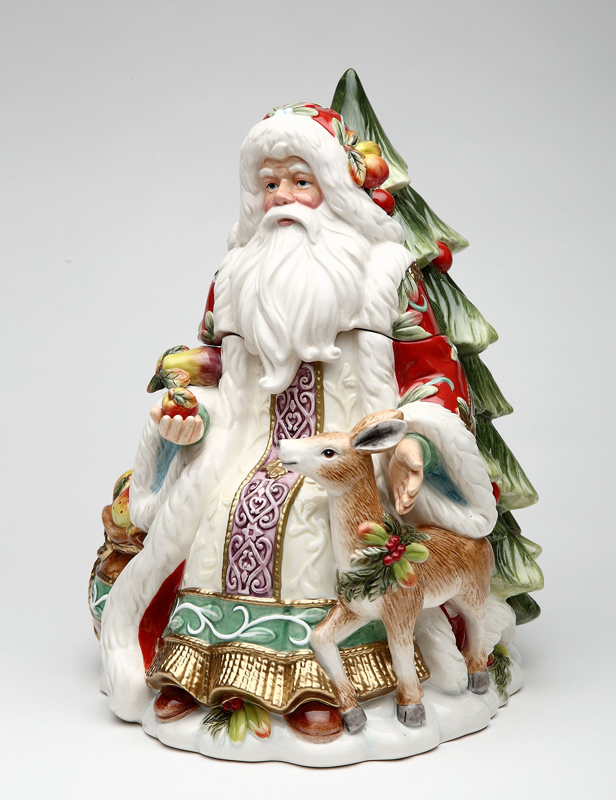 Fine Ceramic Victorian Harvest Santa Cookie Jar with Deer & Christmas Tree - 11.25 Inch Christmas Decor for Holiday Baking, Kitchen Storage & Festive Home Decor