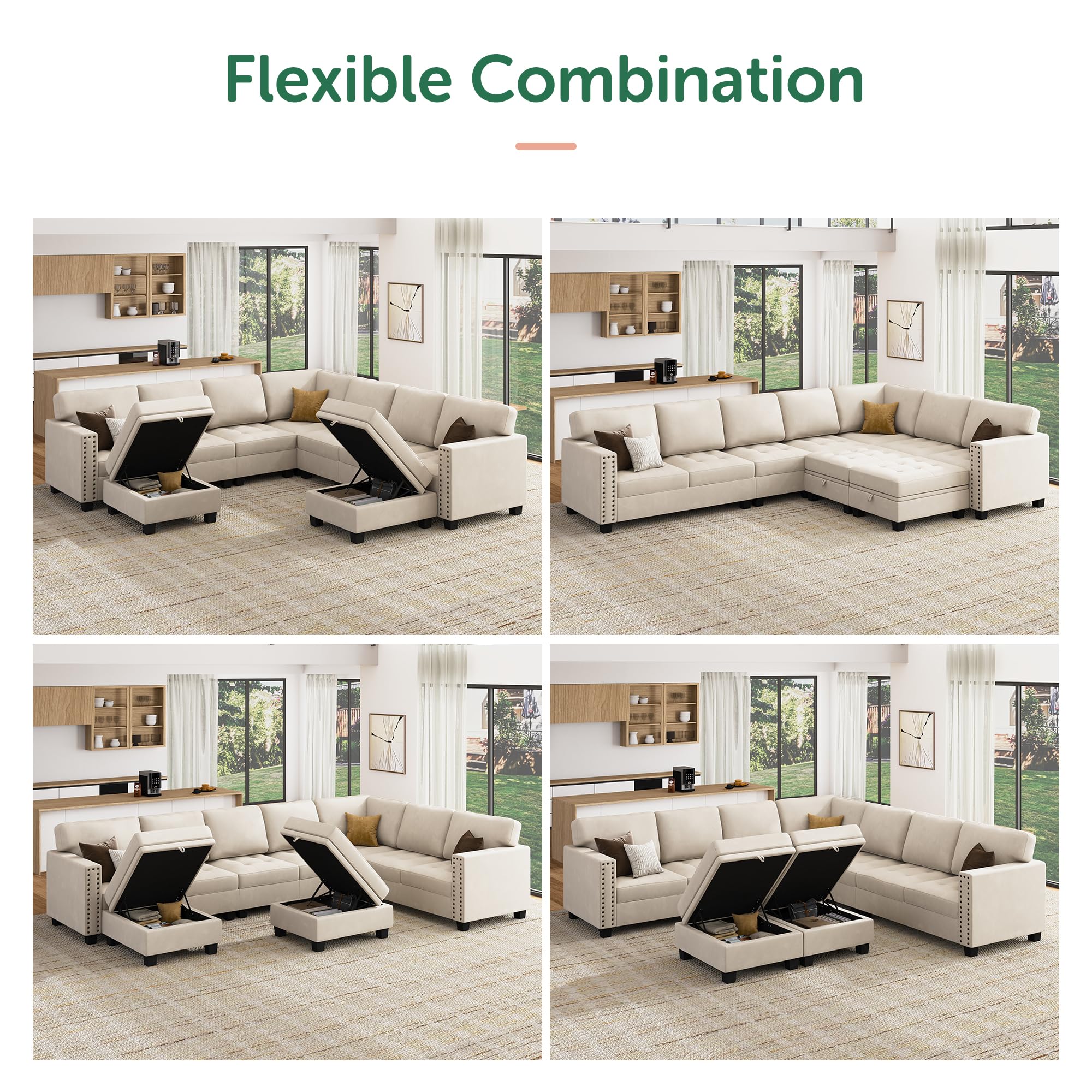 HONBAY Velvet Convertible U-Shaped Sectional Sofa with Chaise & Storage Ottoman - Modular Corner Couch for Living Room, Bedroom, Apartment (Beige) | Modern Comfort for Family Gatherings & Movie Nights