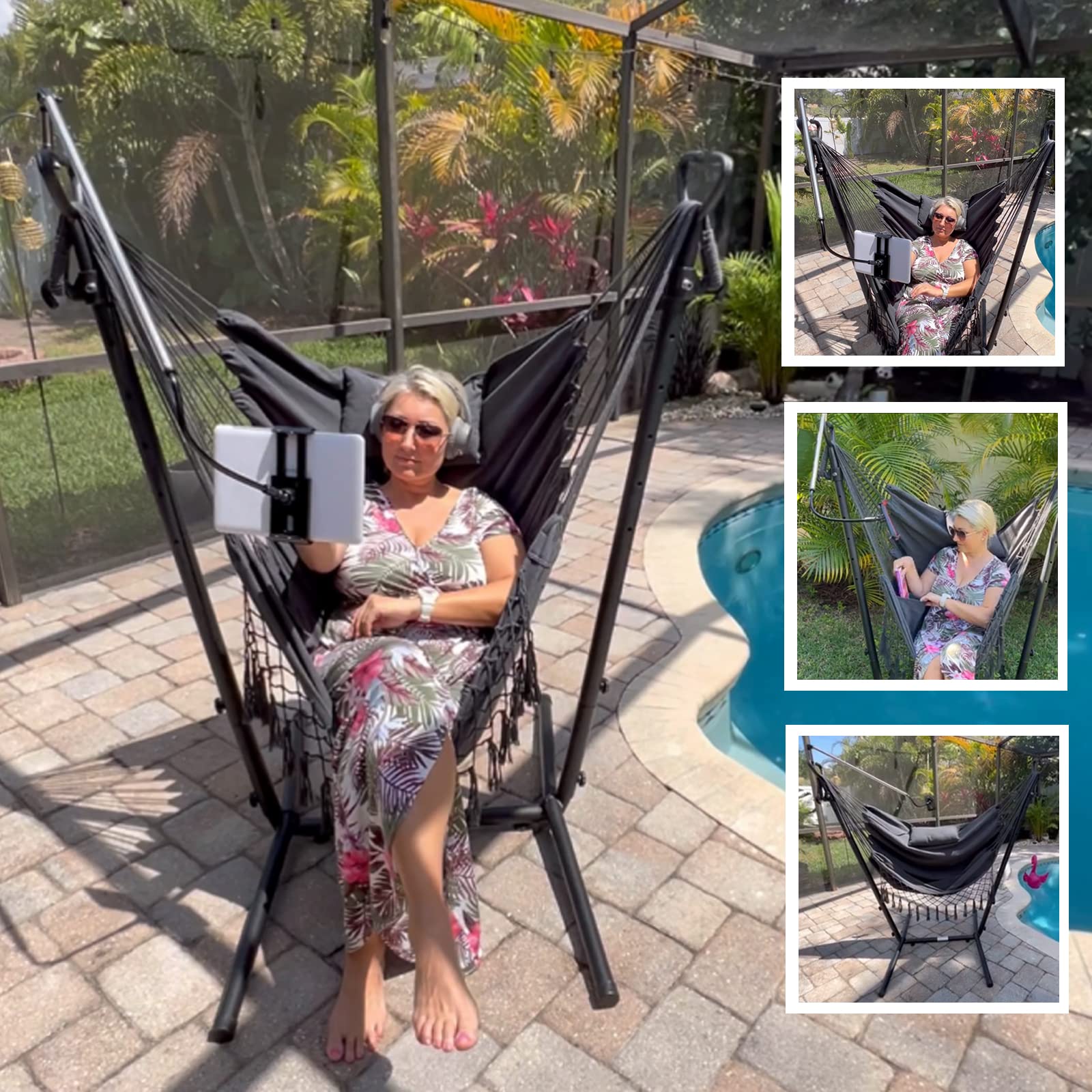 LUCKWIND American Flag Hammock Chair with Stand - Heavy Duty 400LB Capacity, Adjustable Handmade Swing Chair for Outdoor & Indoor Use - Includes Phone/Pad Holder - Perfect for Backyard, Patio, Camping & Relaxation