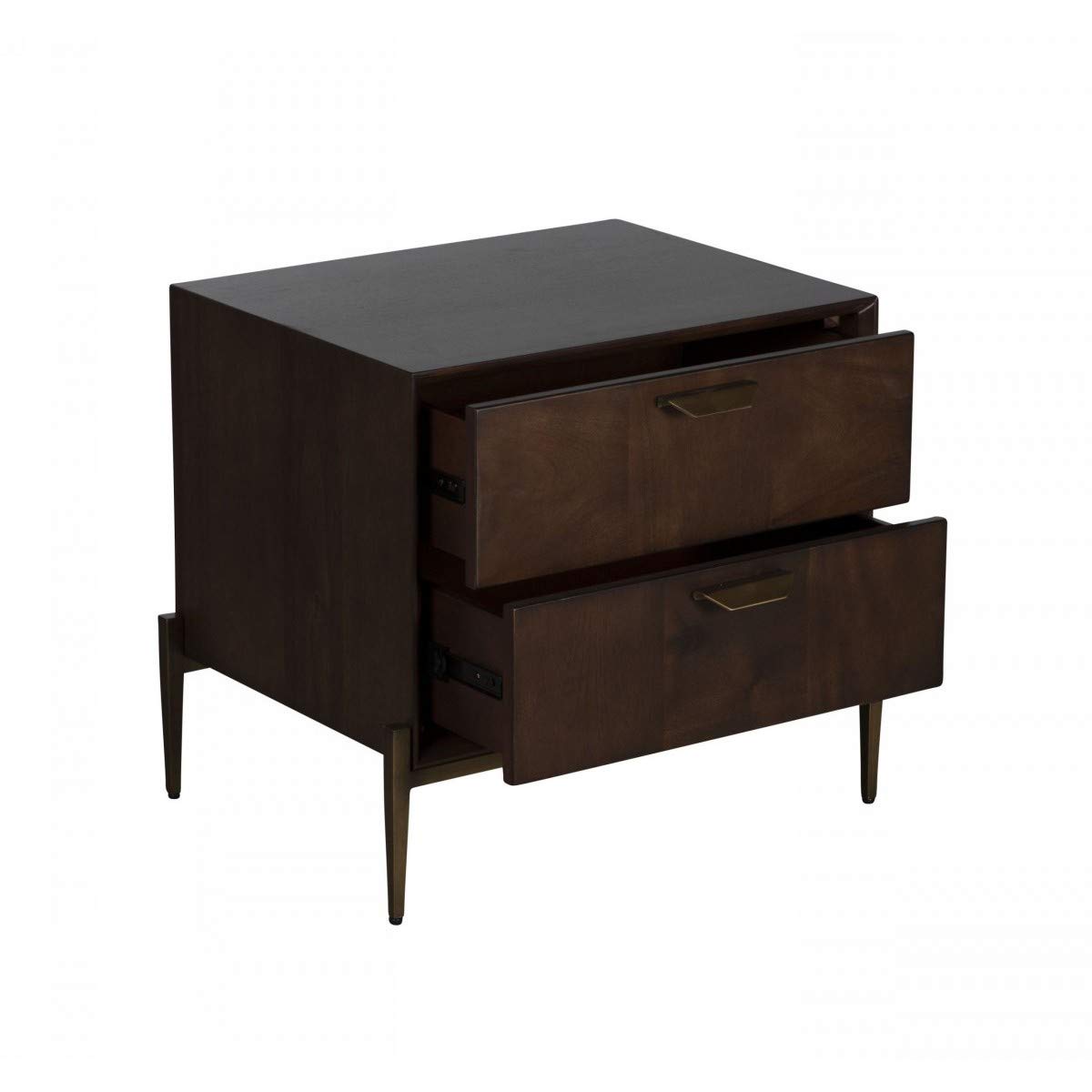 Benjara 2-Drawer Wooden Nightstand with Antique Brass Finish & Tapered Legs - Brown Bedside Table for Bedroom, Living Room, or Office Storage