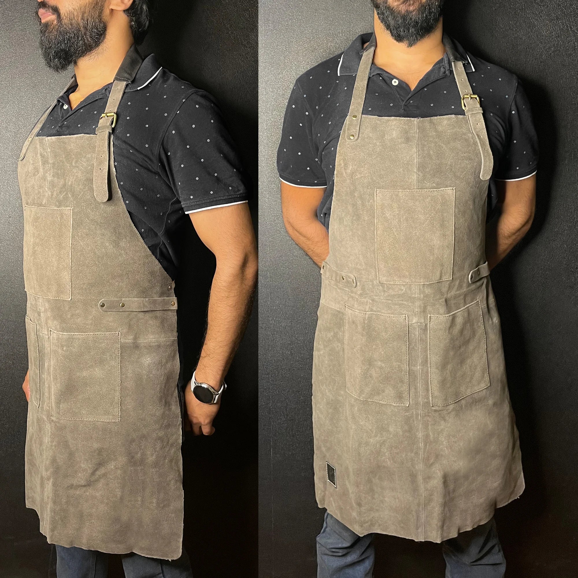 Premium Kuche Leather BBQ Grill & Woodworking Apron - Heavy Duty, Adjustable, Gray - Perfect for Cooking, Grilling, DIY Projects & Workshop Use