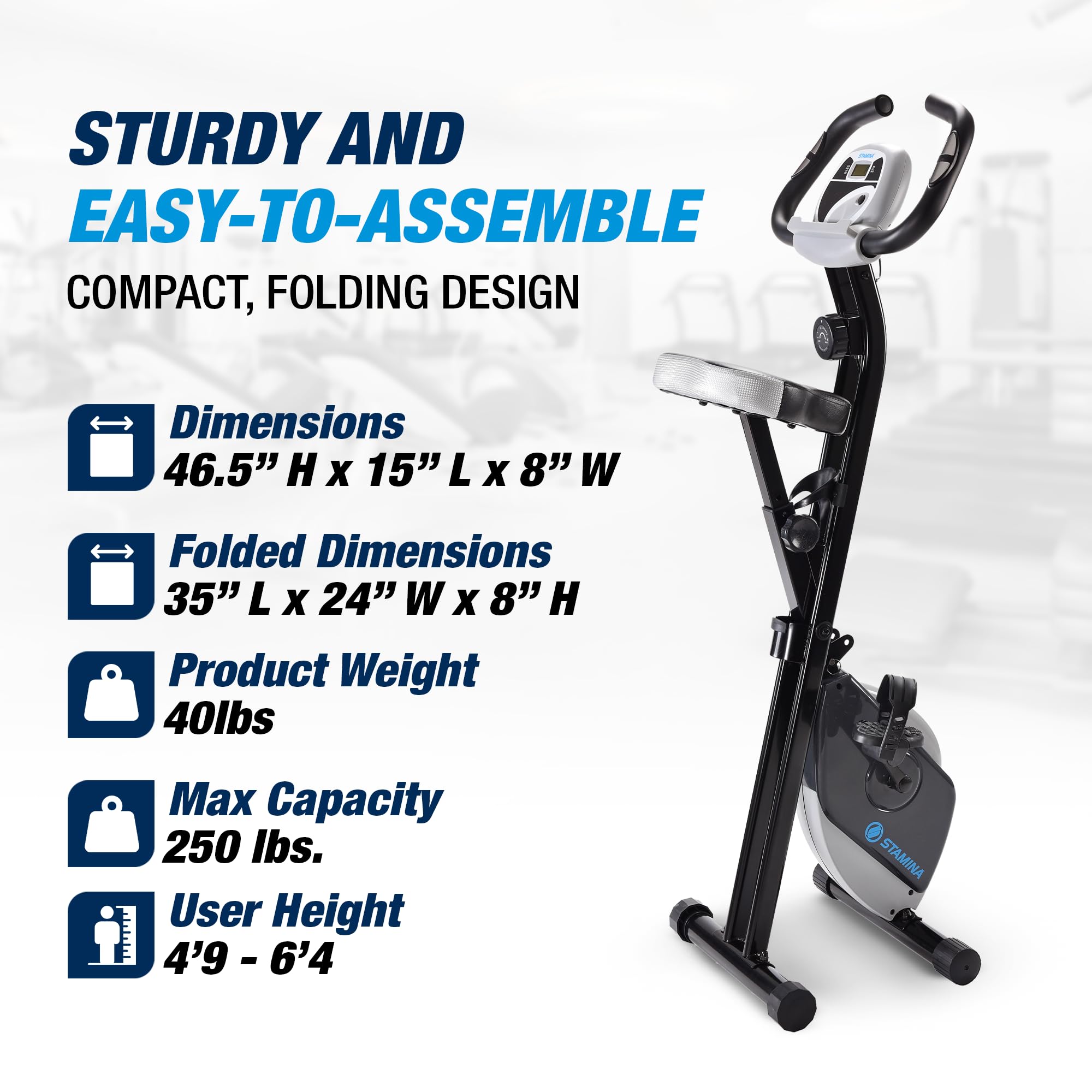 Stamina 182 Folding Exercise Bike - Foldable Stationary Bike for Home Workouts with Smart Fitness App, 250 lbs Weight Capacity - Perfect for Small Spaces, Cardio Training & Indoor Cycling (Black)