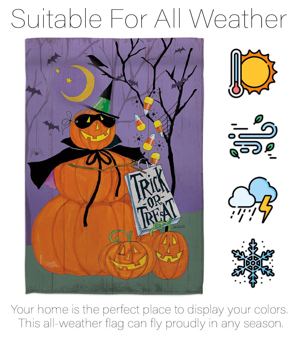 Happy Pumpkin Trio Garden Flag Set with Stand - Fall Halloween Decor, Trick or Treat, Spooky Night, Black Cat - Double-Sided Seasonal Yard Banner for Autumn, Halloween, and Home Decoration - Made in USA