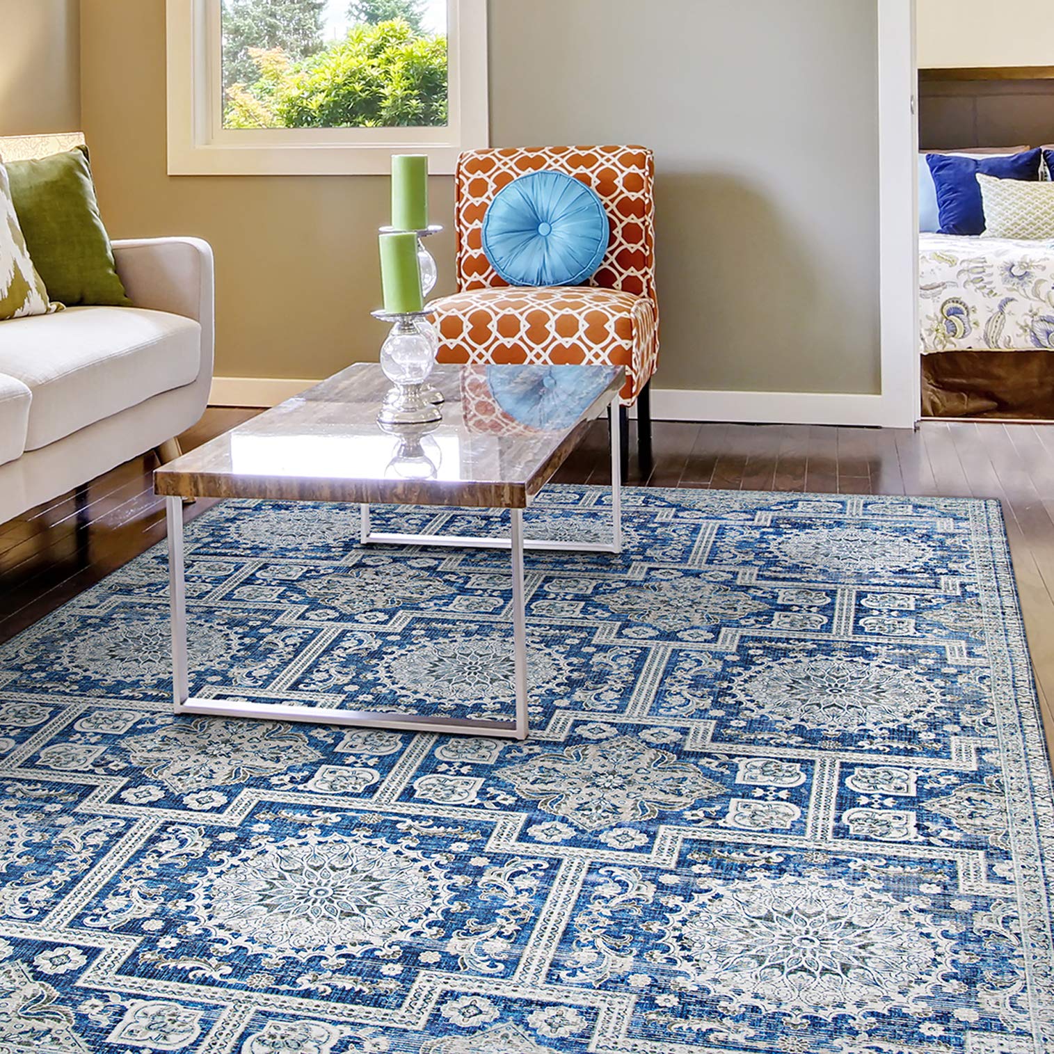 Couristan Pasha Sari Area Rug 9' x 12' Sapphire Blue - Luxury Handmade Wool Rug for Living Room, Bedroom & Dining Room Decor
