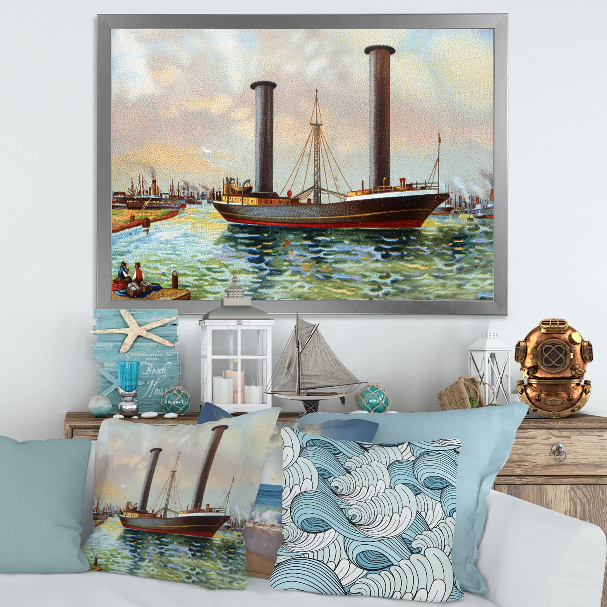 DesignQ Ancient Boat Leaving The Harbor Framed Nautical Wall Art - Coastal Home Decor for Living Room, Bedroom & Office