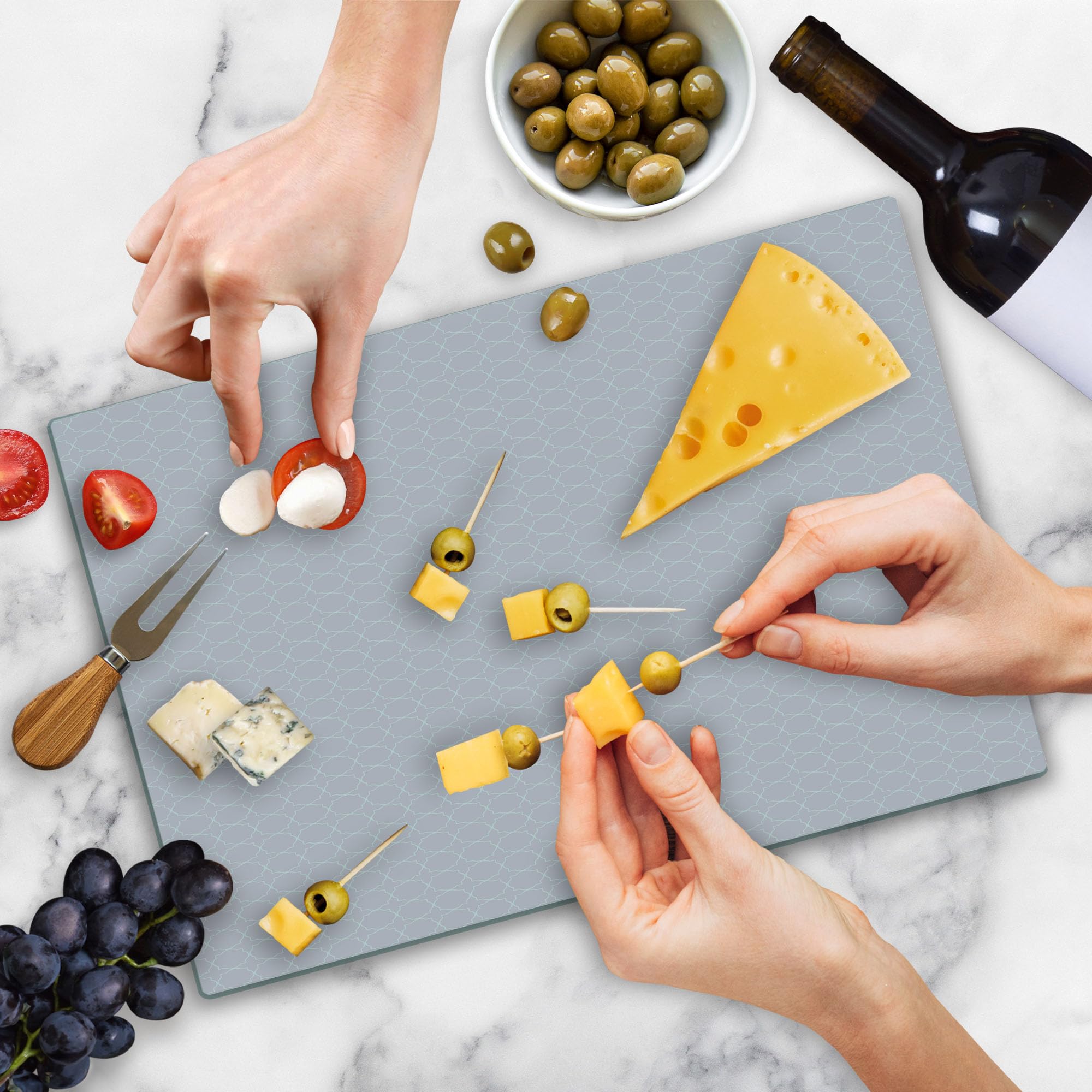Ambesonne Eastern Style Tempered Glass Cutting Board - Large Decorative Serving Board with Oriental Thin Line Motif on Pastel Pink White Backdrop - Perfect for Kitchen Prep, Charcuterie Display & Party Serving