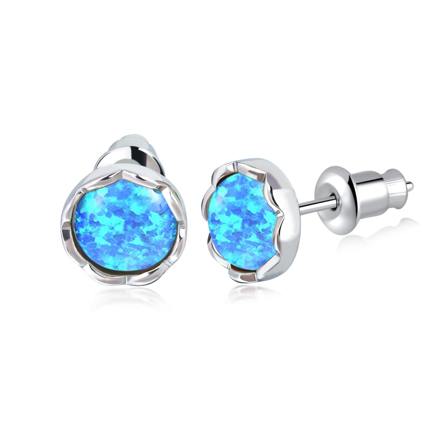14K White Gold Plated Opal Stud Earrings for Women & Girls - 7mm Round Shape Gemstone Jewelry for Everyday Wear, Gift Giving & Special Occasions