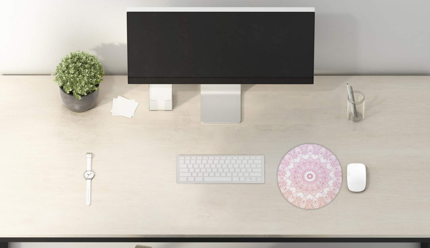 Ambesonne Round Mandala Mouse Pad - Non-Slip Thick Rubber Gaming Mouse Mat with Ombre Flower Design, 8 Inch Computer Mousepad in Orange Pink White for Office, Home & Gaming Setup
