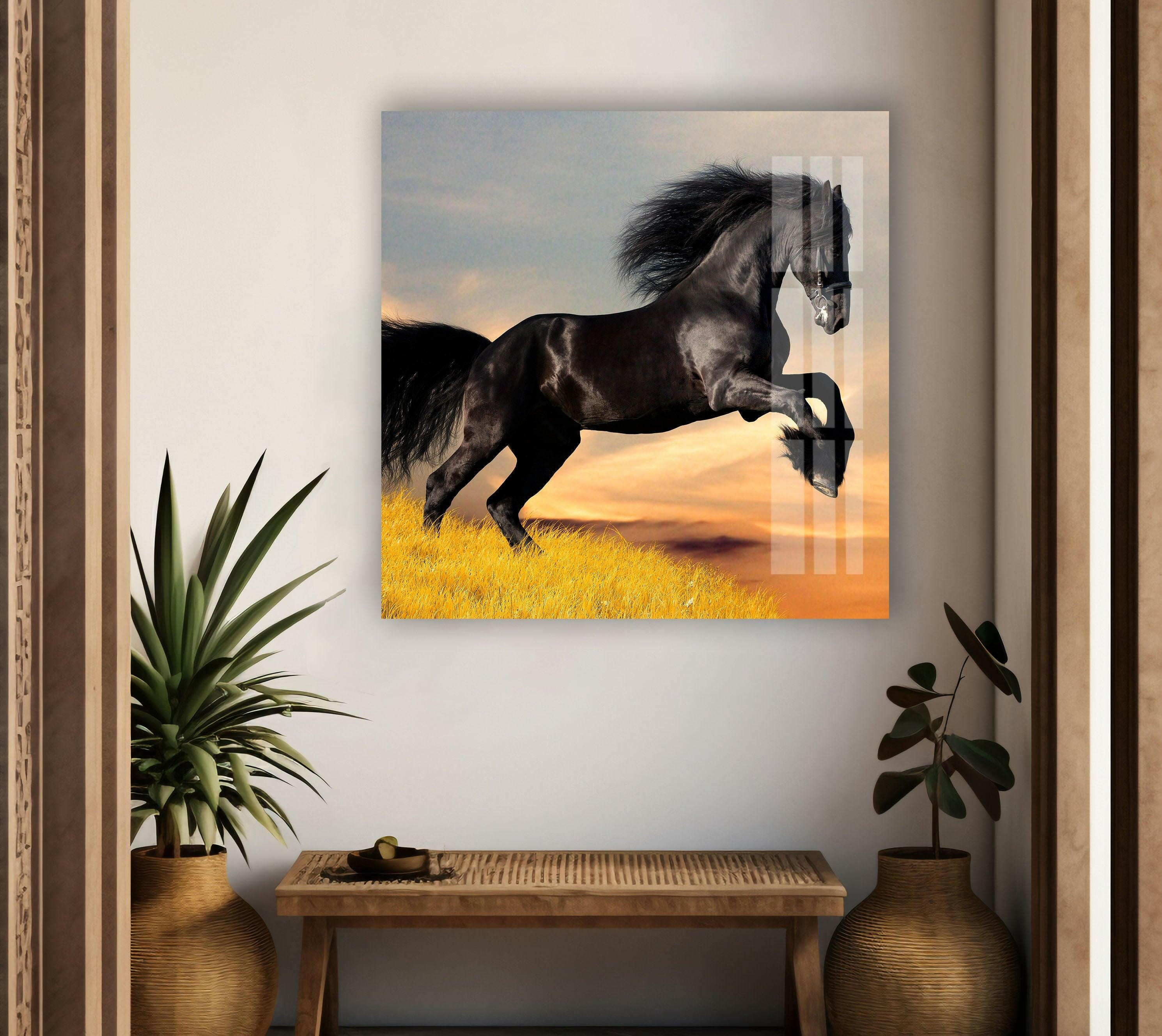 Elegant Big Black Horse Glass Wall Art - Handmade Modern Home Decor for Living Room, Bedroom & Office - Perfect Gift for Horse Lovers