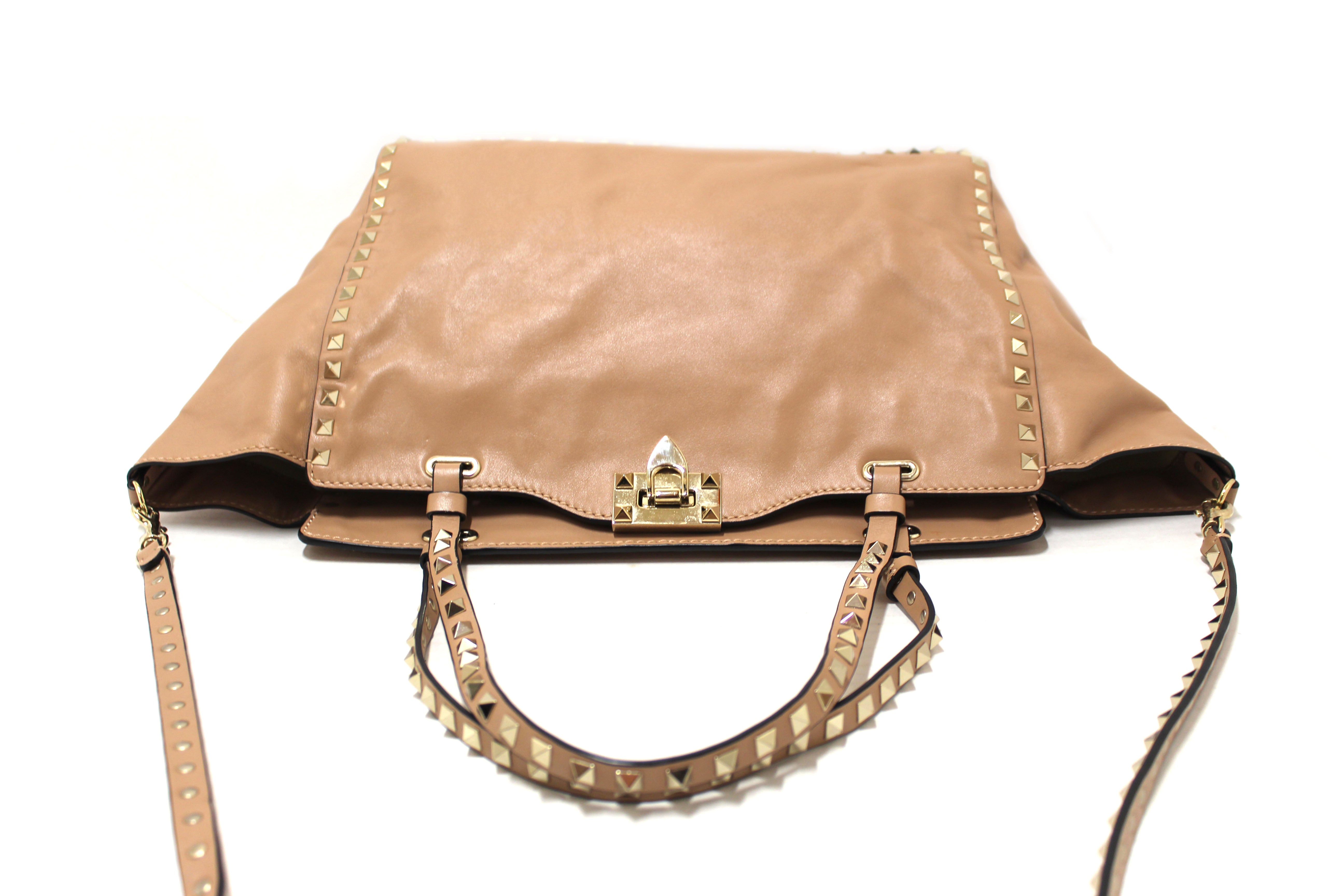 Authentic Valentino Medium Rockstud Beige Nappa Leather Tote Shoulder Bag for Women | Luxury Designer Handbag for Work, Travel & Everyday Use
