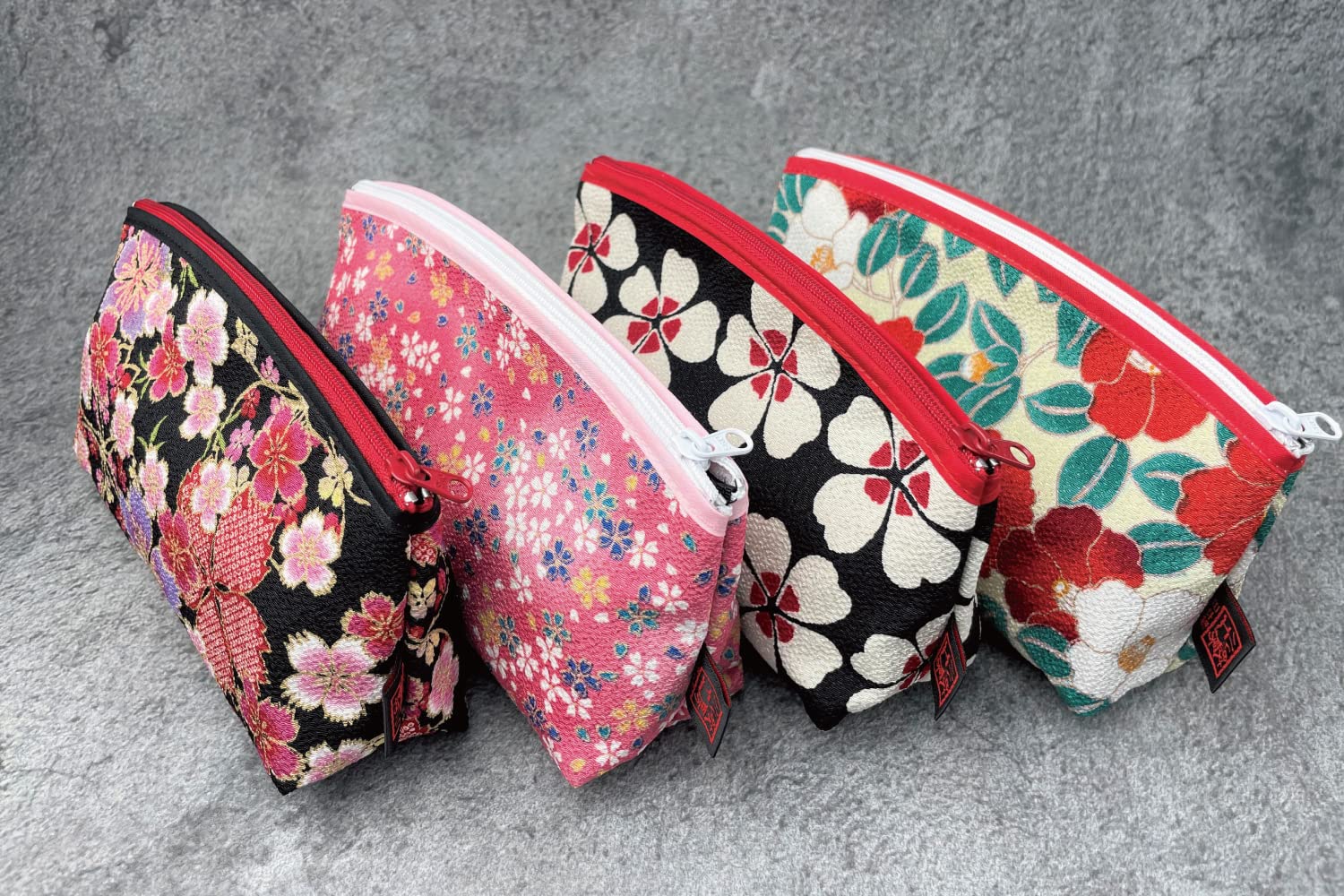 Edo Komon Design Small Makeup Bag for Purse - Japanese Traditional Cosmetic Pouch with Camellia Flower Pattern (Ivory) | Perfect for Travel, Daily Use & Gift Giving
