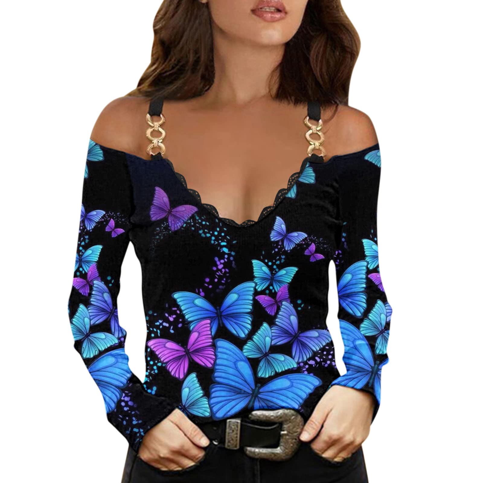Women's Off Shoulder Long Sleeve Lace Blouse - V Neck Casual Tunic Top with Graphic Print | Sexy Flowy Shirt for Date Night, Party & Everyday Wear