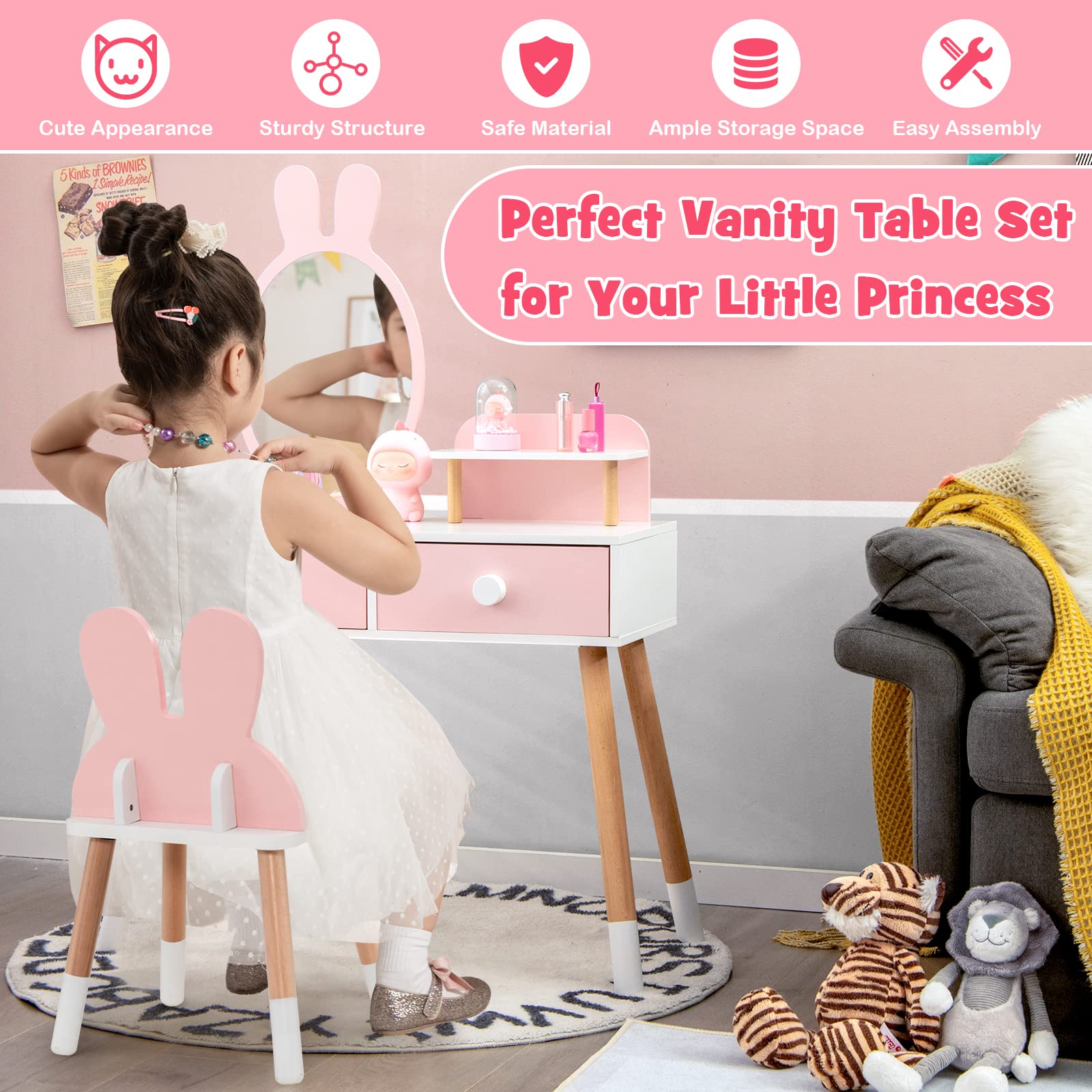 Princess Makeup Vanity Set for Kids - Wooden Rabbit Theme with Mirror & Stool - Pink