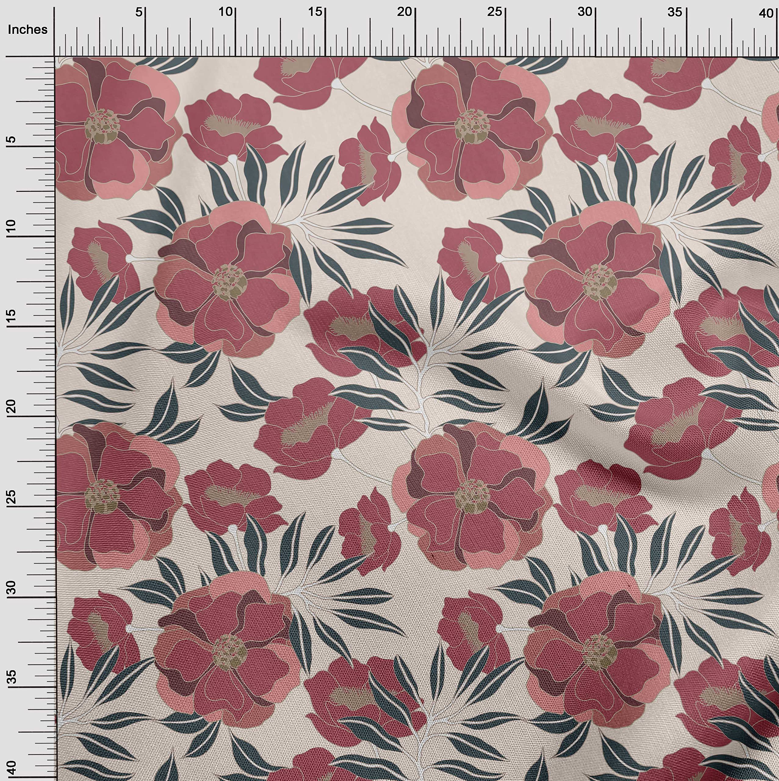 oneOone Cotton Cambric Red Floral Retro Fabric - 42 Inch Wide Printed DIY Sewing Material for Clothing, Dresses, Quilts & Home Decor | Premium Quality by The Yard