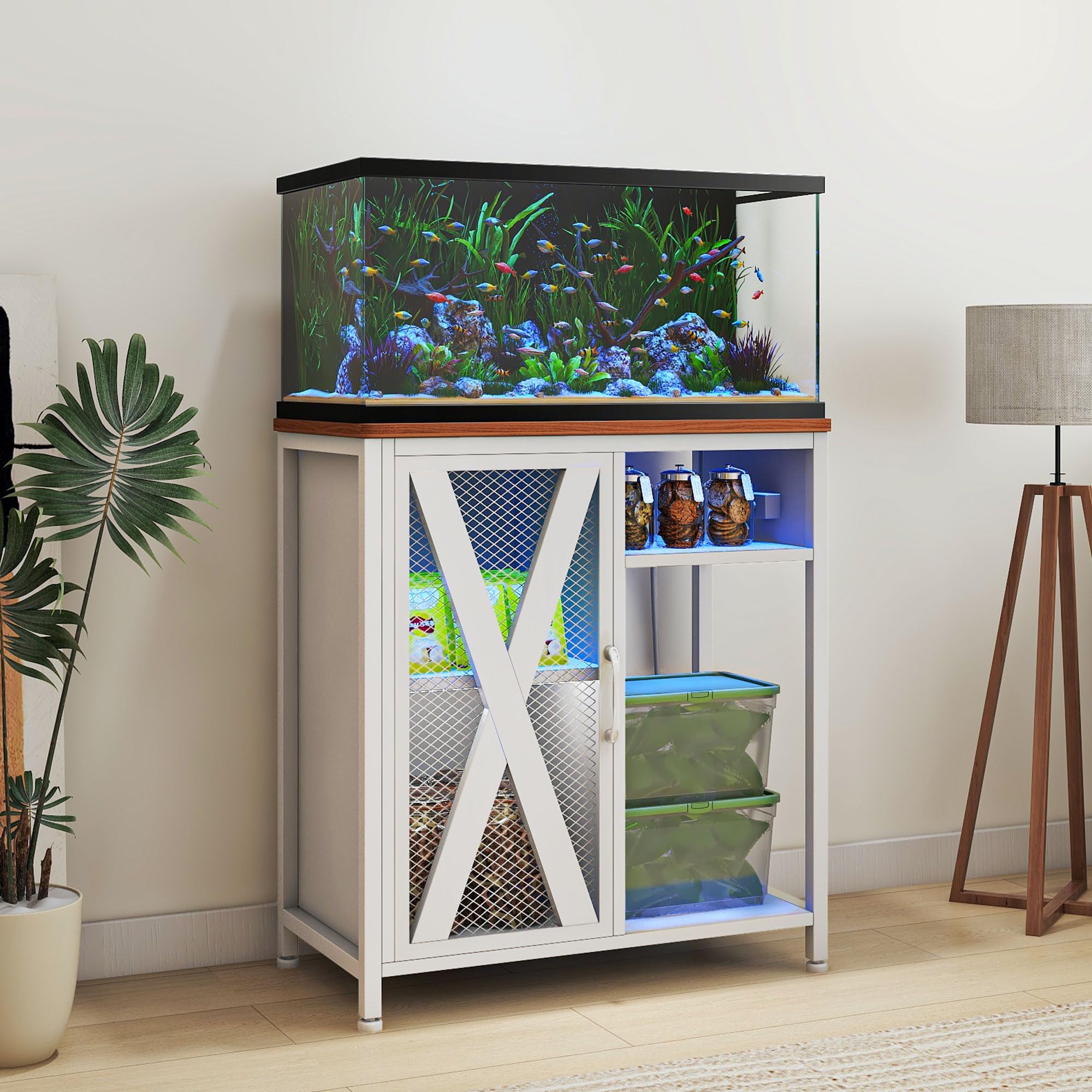 DWVO 20-29 Gallon Aquarium Stand with Power Outlets & LED Light - Heavy Duty Metal Fish Tank Cabinet for Storage, Turtle Tank, Reptile Terrarium - 350LBS Capacity, White - Perfect for Home, Office, or Pet Store Display