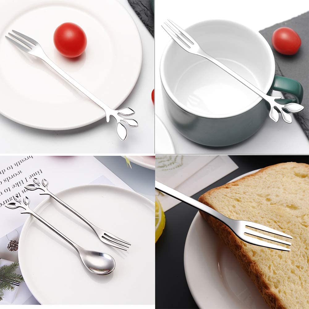 16-Piece Stainless Steel Silver Leaf Appetizer Forks Set - 4.7 Inch Elegant Dessert Forks for Cake, Fruit, Canapés - Perfect for Weddings, Parties & Home Entertaining (Silver)