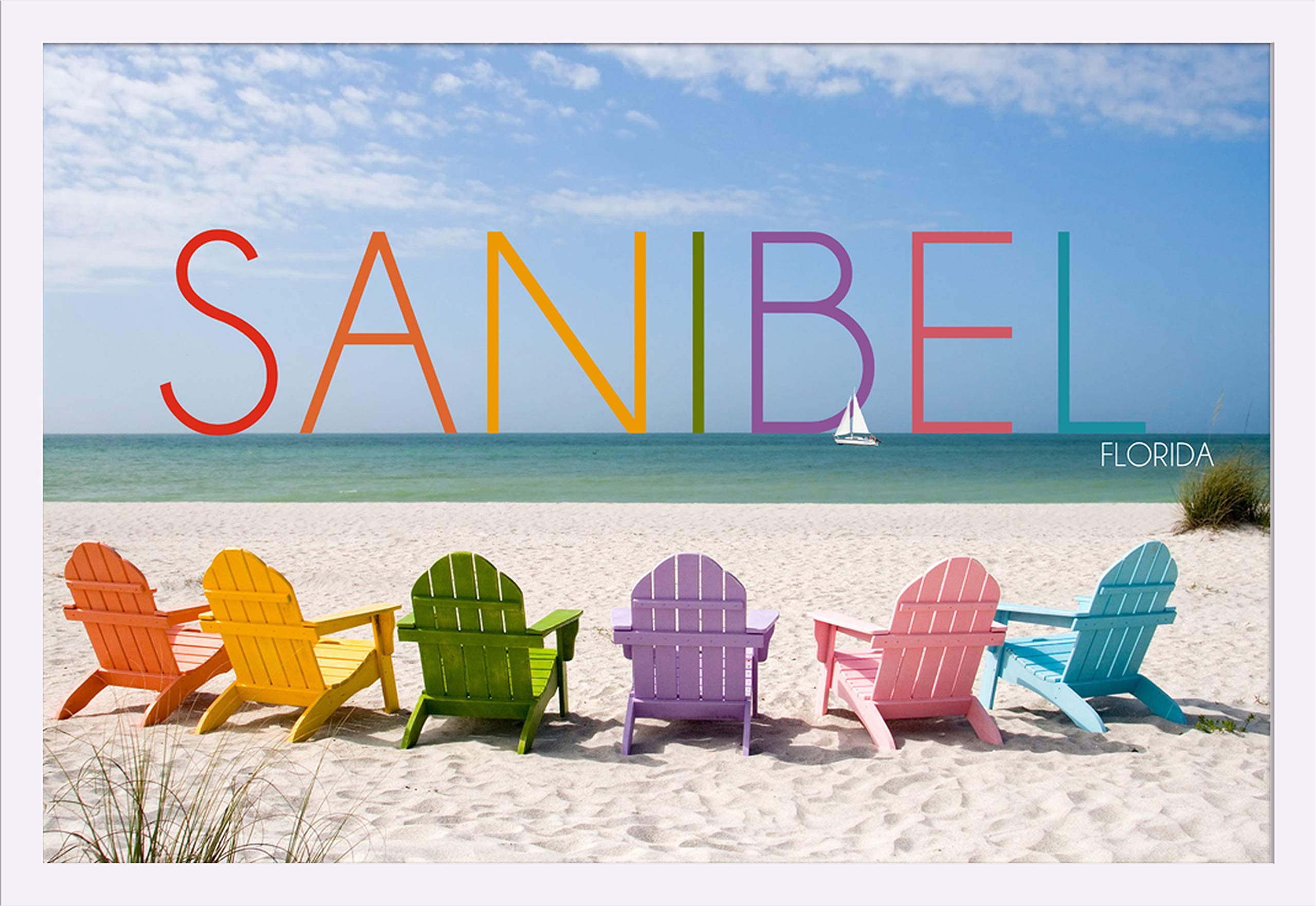 Sanibel Florida Colorful Beach Chairs 36x24 Giclee Art Print - Gallery Framed White Wood Wall Decor - Perfect for Coastal Living Rooms, Beach House Decor & Vacation Home Wall Art