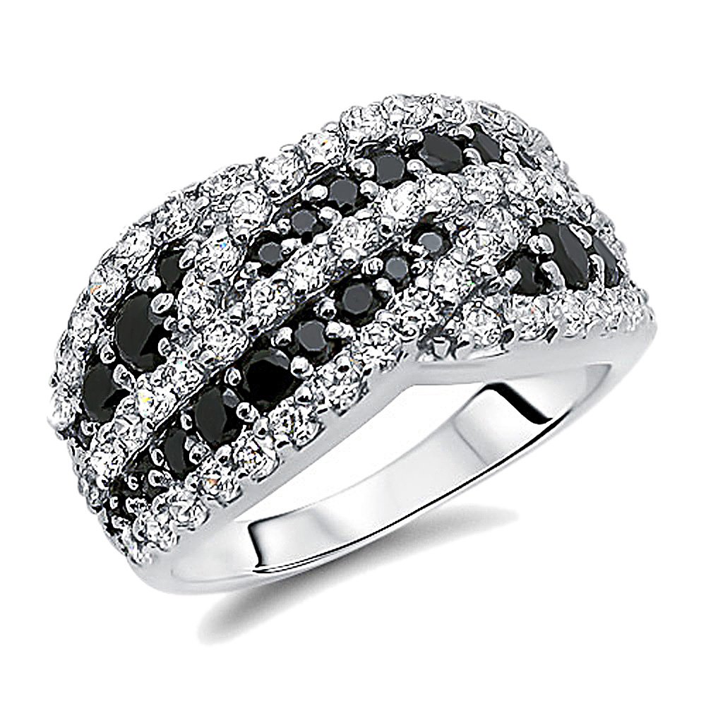 Double Accent Sterling Silver Rhodium Plated Wedding Ring - Round Black & White CZ Anniversary Band for Women & Men | Perfect for Weddings, Engagements & Special Occasions