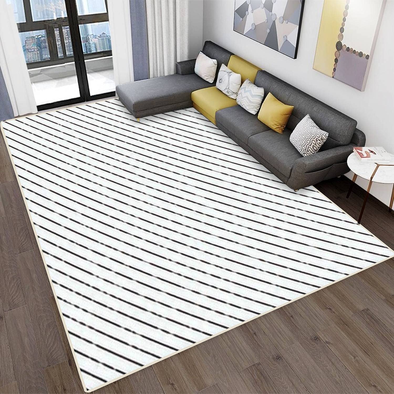 Modern Abstract Black and White Striped Area Rug - Stain Resistant Rectangular Carpet for Living Room, Bedroom, Kitchen & Bathroom - Home Decor with Seamless Diagonal Pattern - Perfect for Contemporary Spaces, Office Decor & High Traffic Areas