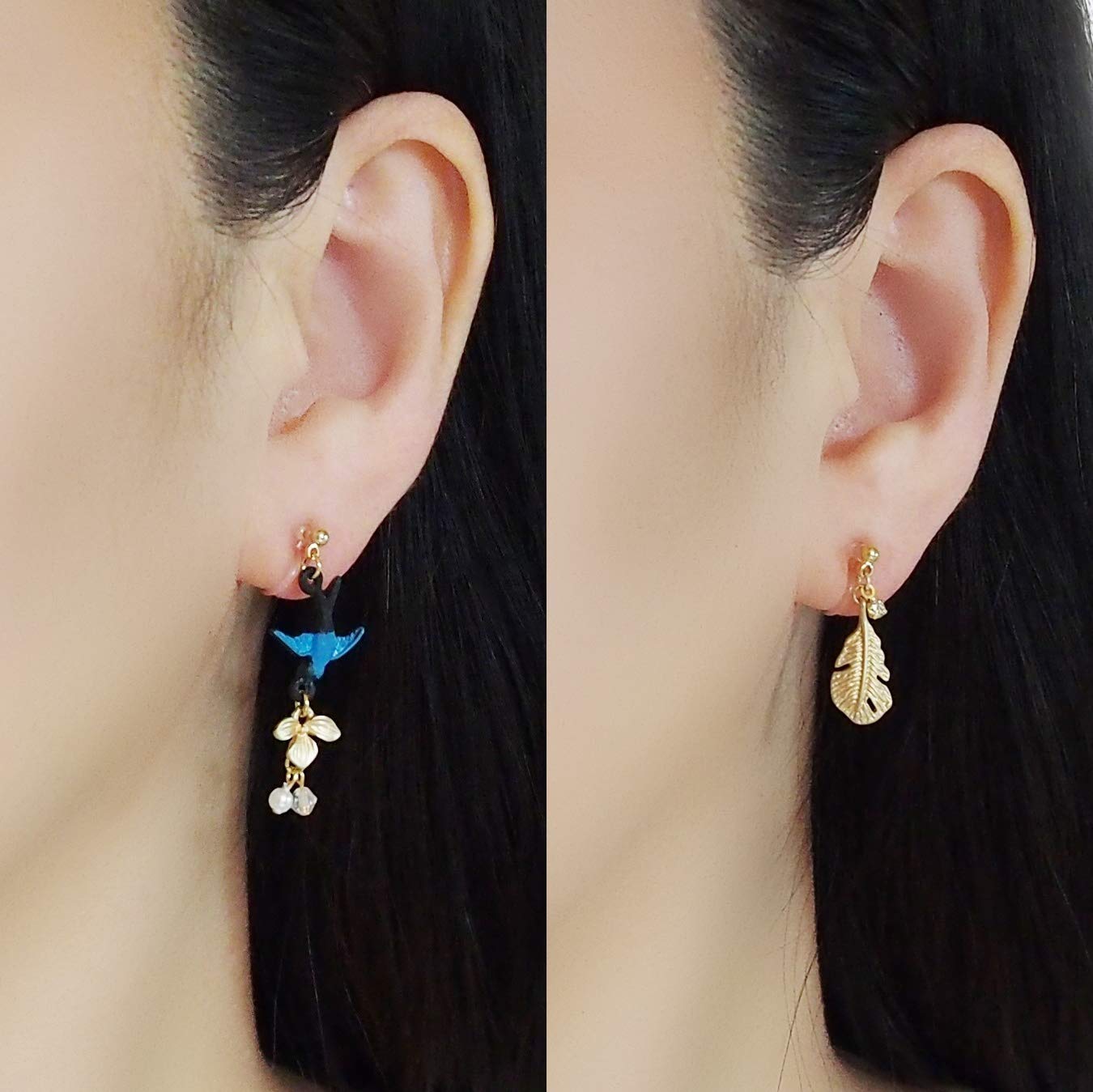 Miyabi Grace Clip-On Earrings for Women - Black & White Cat Dangle Non-Pierced Earrings with Cherry Blossom Flower Leaf Design | Comfortable Invisible Ear Clips for Work, Party & Everyday Wear