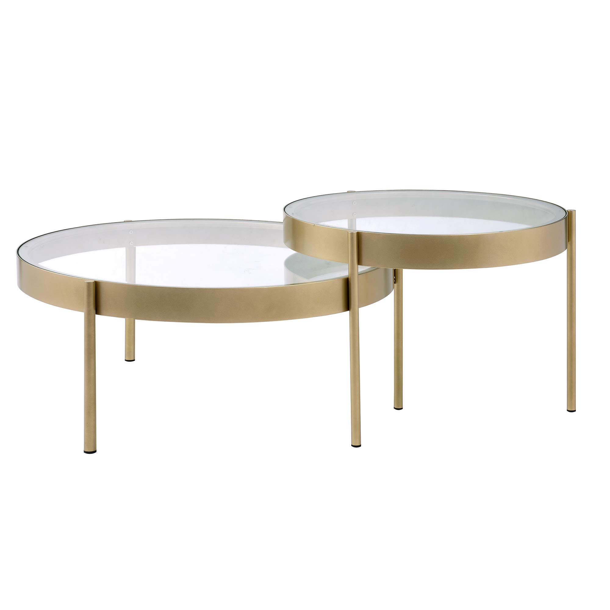 Benjara Modern Round Nesting Coffee Tables - Set of 2 Gold Metal & Glass End Tables for Living Room, Bedroom, or Office - Space-Saving Contemporary Side Tables with Clear Tempered Glass Tops