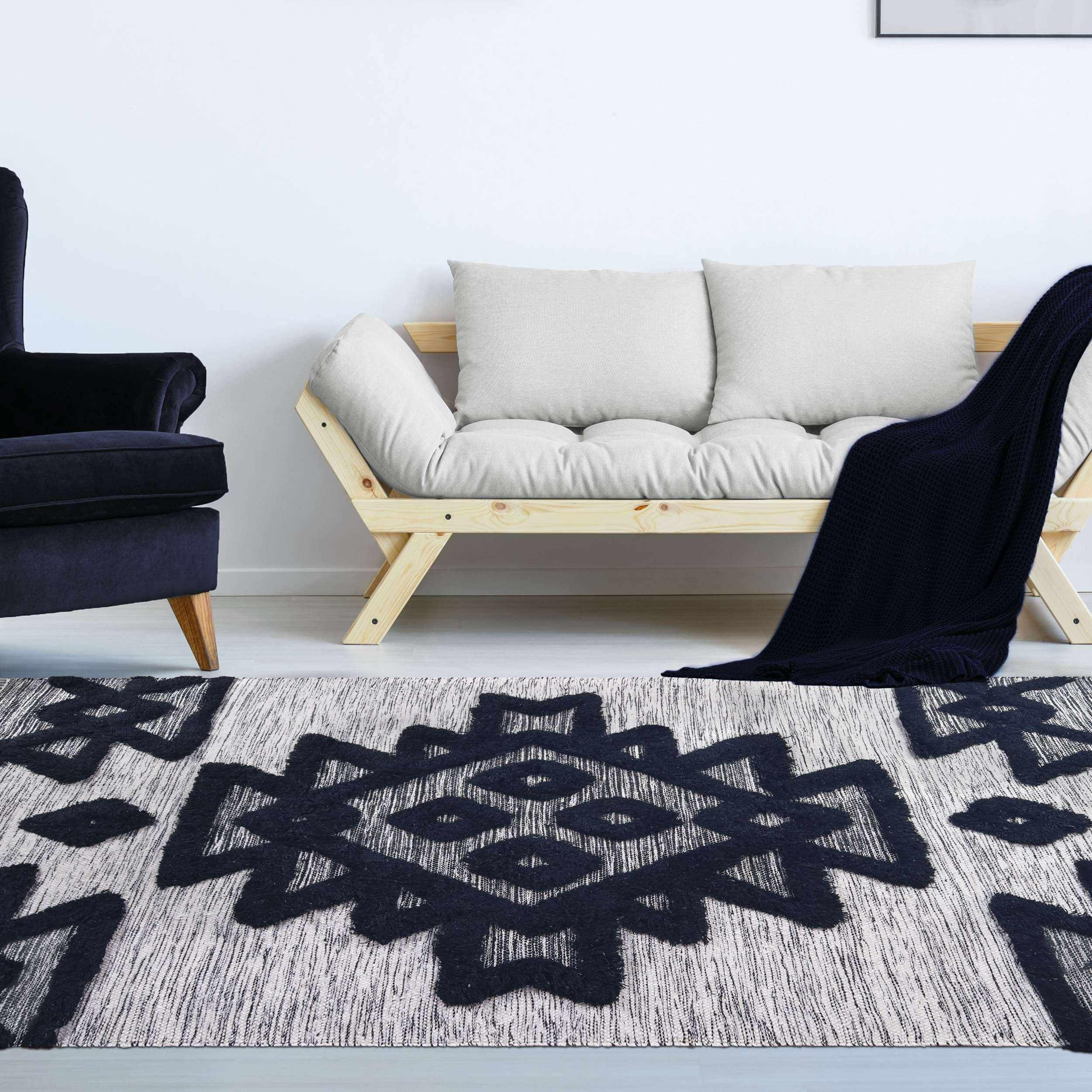Bohemian Wool Geometric Medallion Fringe Rug - Handmade Indoor Area Carpet or Runner for Living Room, Bedroom & Boho Home Decor