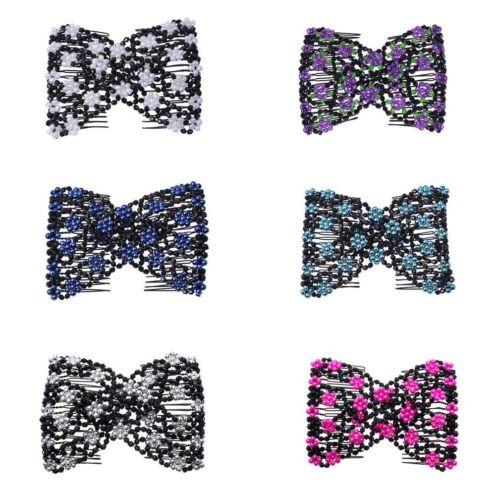 Lovef 6-Piece Stretchable Double Hair Combs - Magic Beaded Hair Clips for Effortless Styling (Assorted Colors & Designs) - Perfect for Updos, Ponytails & Everyday Hair Accessories