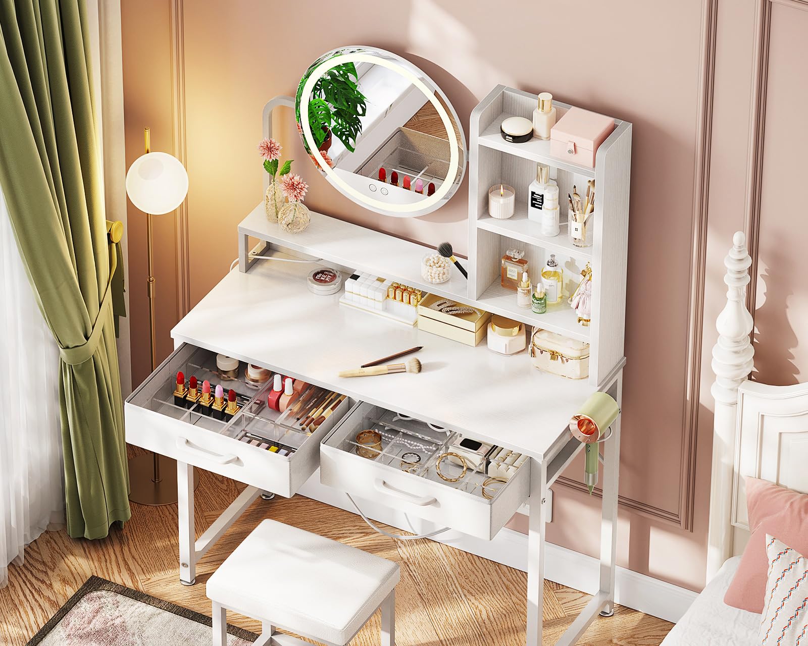 AODK 32 Inch Vanity Desk with Mirror and LED Lights, White Makeup Vanity Set with Fabric Drawers & Matching Chair - Perfect for Bedroom, Dressing Room or Small Space Makeup Station
