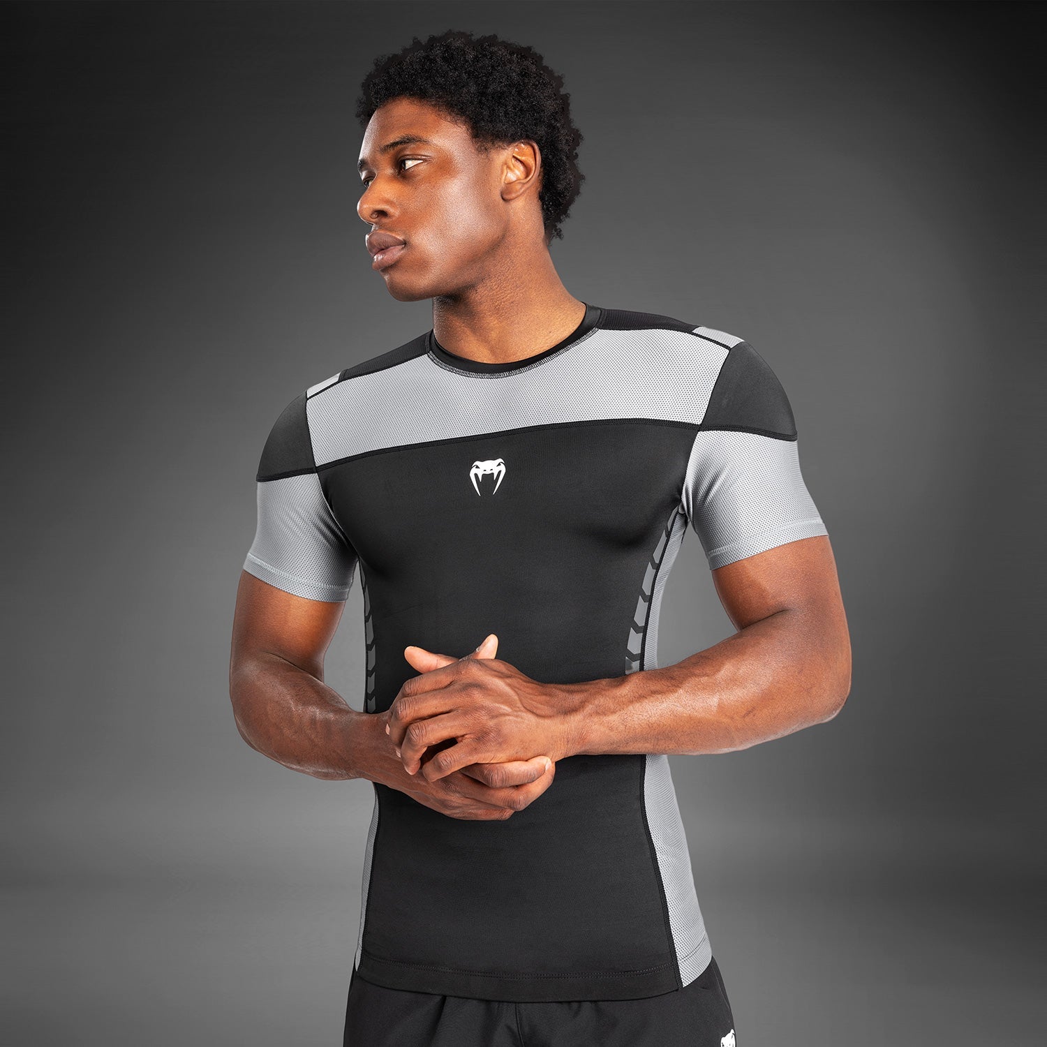Venum Tempest Men's Short Sleeve Rashguard - Black/Grey MMA & BJJ Training Shirt for Grappling, Jiu-Jitsu & Combat Sports