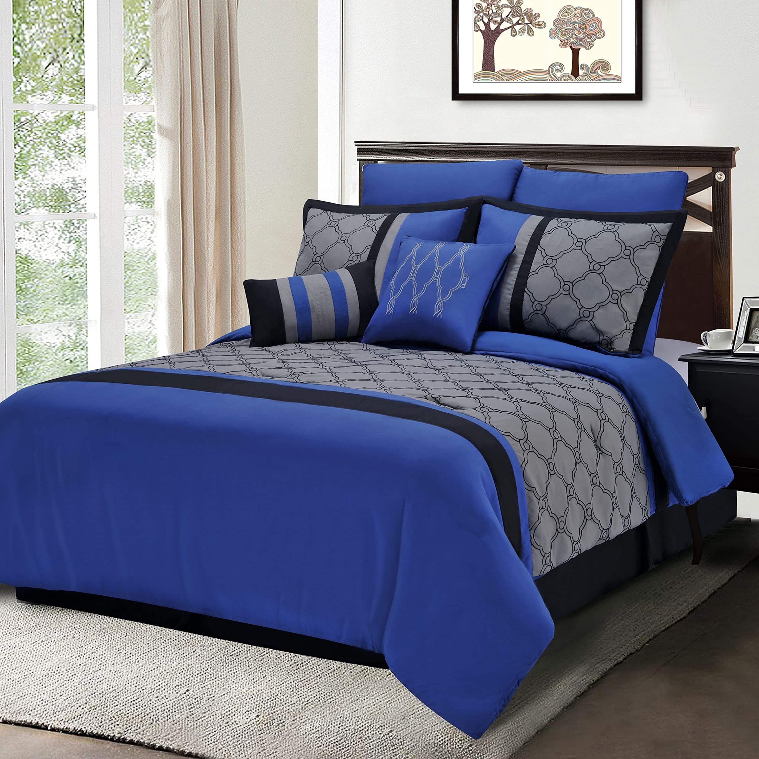 Premium Maxfield 8-Piece Embroidered Comforter Set - California King Size, Luxurious Blue Bedding for Master Bedroom & Guest Room Decor