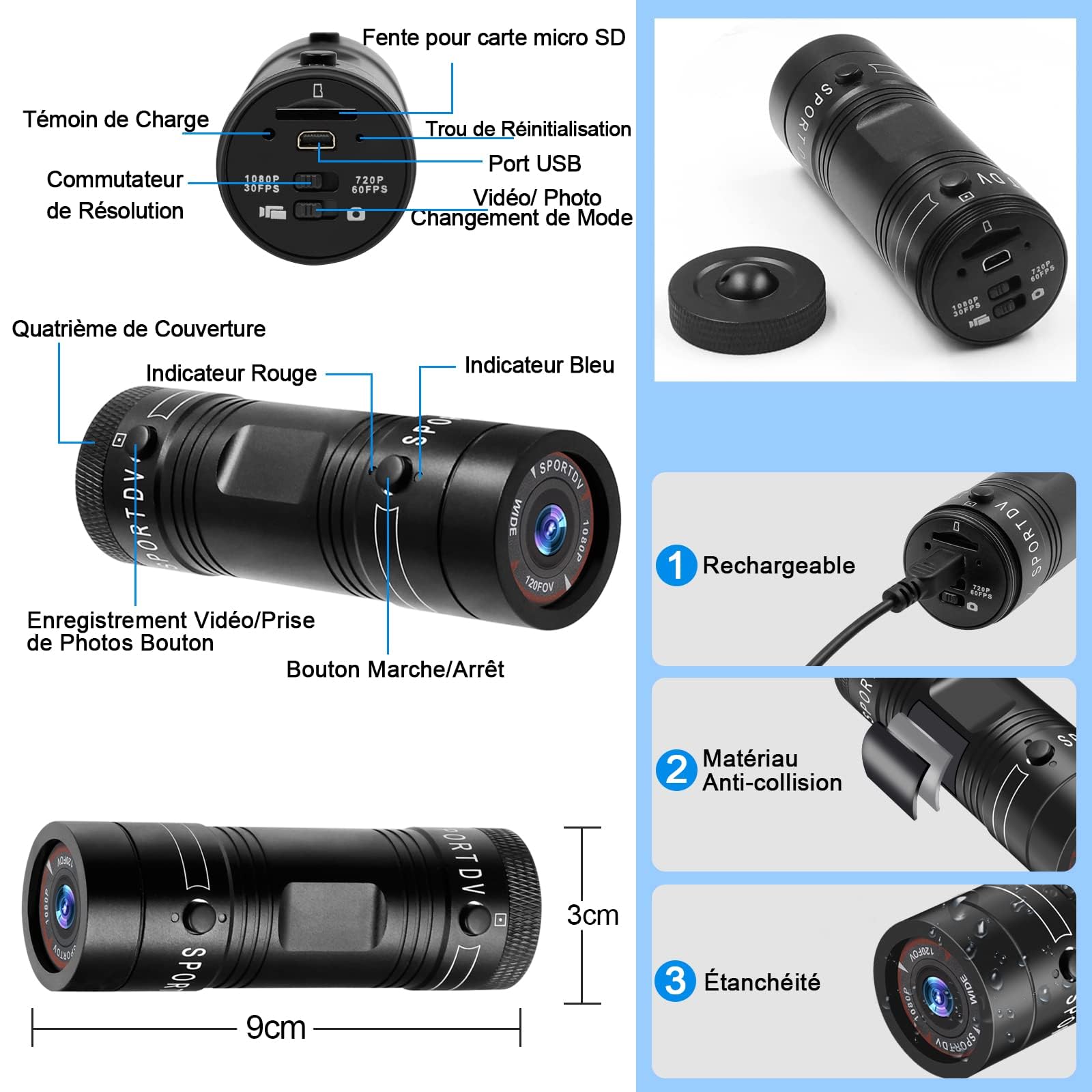 TANGMI Sports Camera 1080P HD Waterproof Action Camera, 120° Wide Angle Lens with Built-in Battery - Perfect for Cycling, Motorcycle, Car & Outdoor Adventure Recording