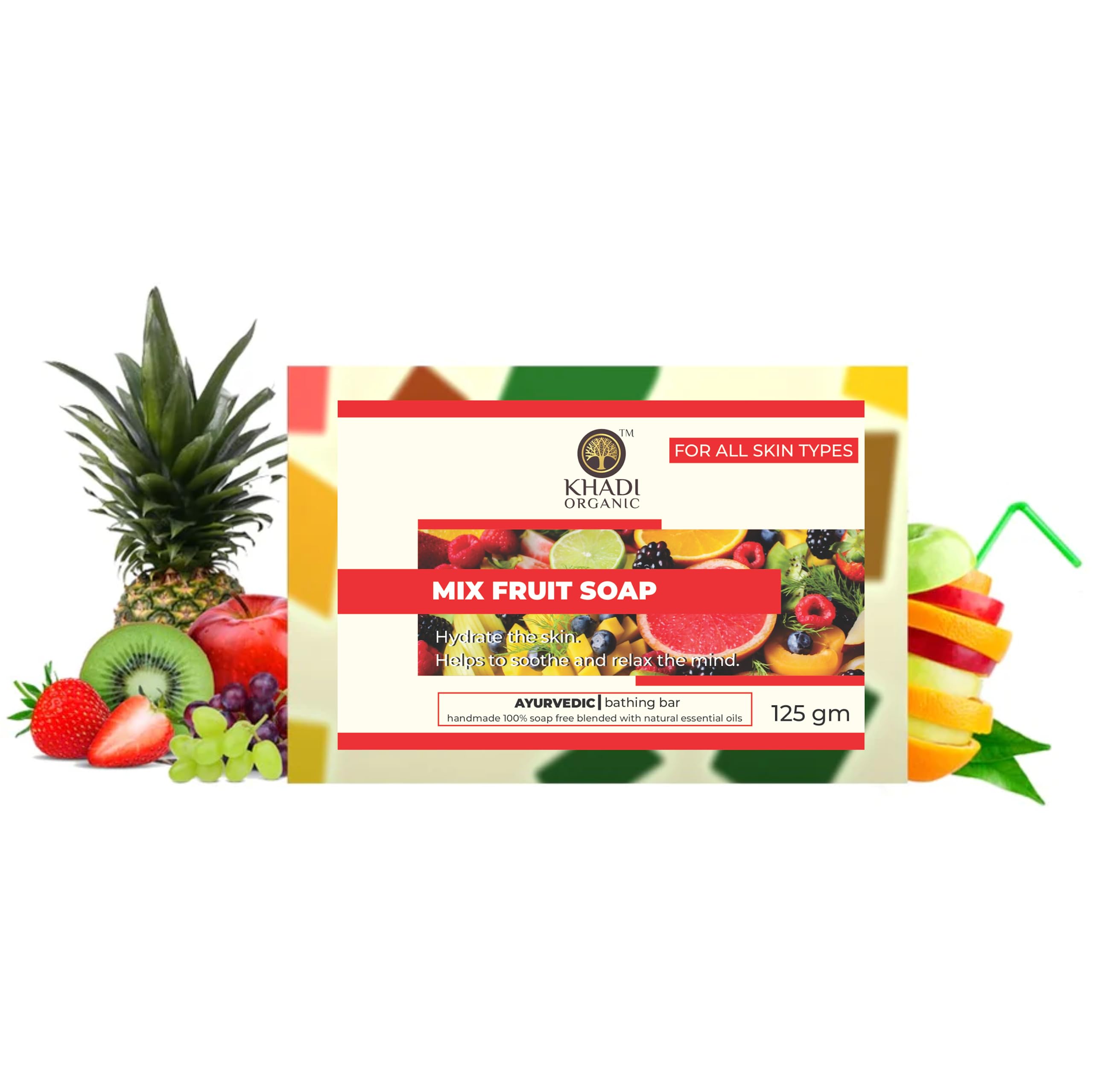 Khadi Organic Natural Mix Fruit Soap 125g - Moisturizing Bath Bar for Dry & Sensitive Skin | Handmade Vegan Soap for Face & Body | Perfect for Daily Skincare Routine & Spa Day