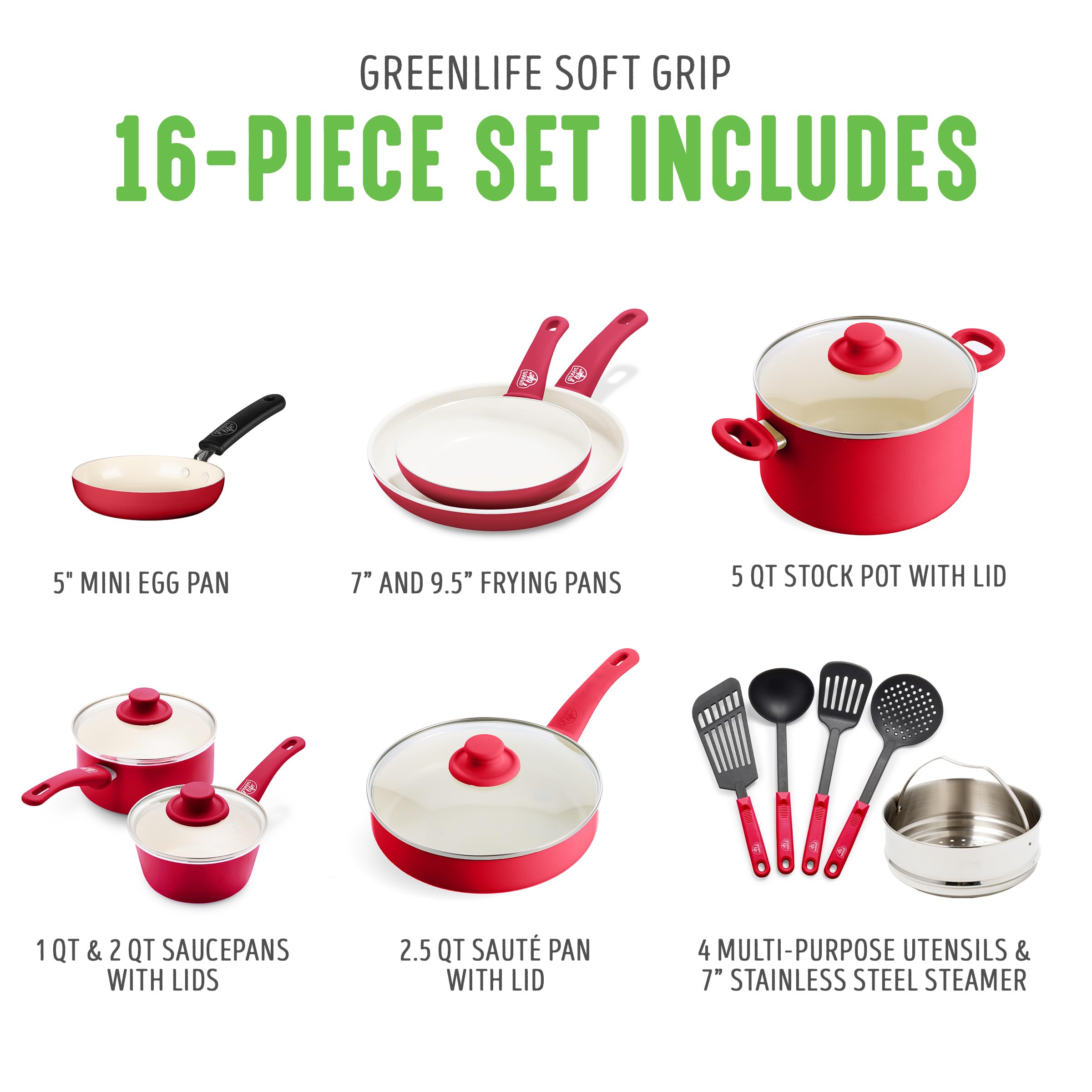 GreenLife Soft Grip 16-Piece Non-Toxic Ceramic Nonstick Cookware Set - PFAS-Free Pots & Pans with Glass Lids, Stay-Cool Handles - Frying, Sauteing, Boiling - Dishwasher & Oven Safe - Perfect for Home Cooking & Family Meals (Red)