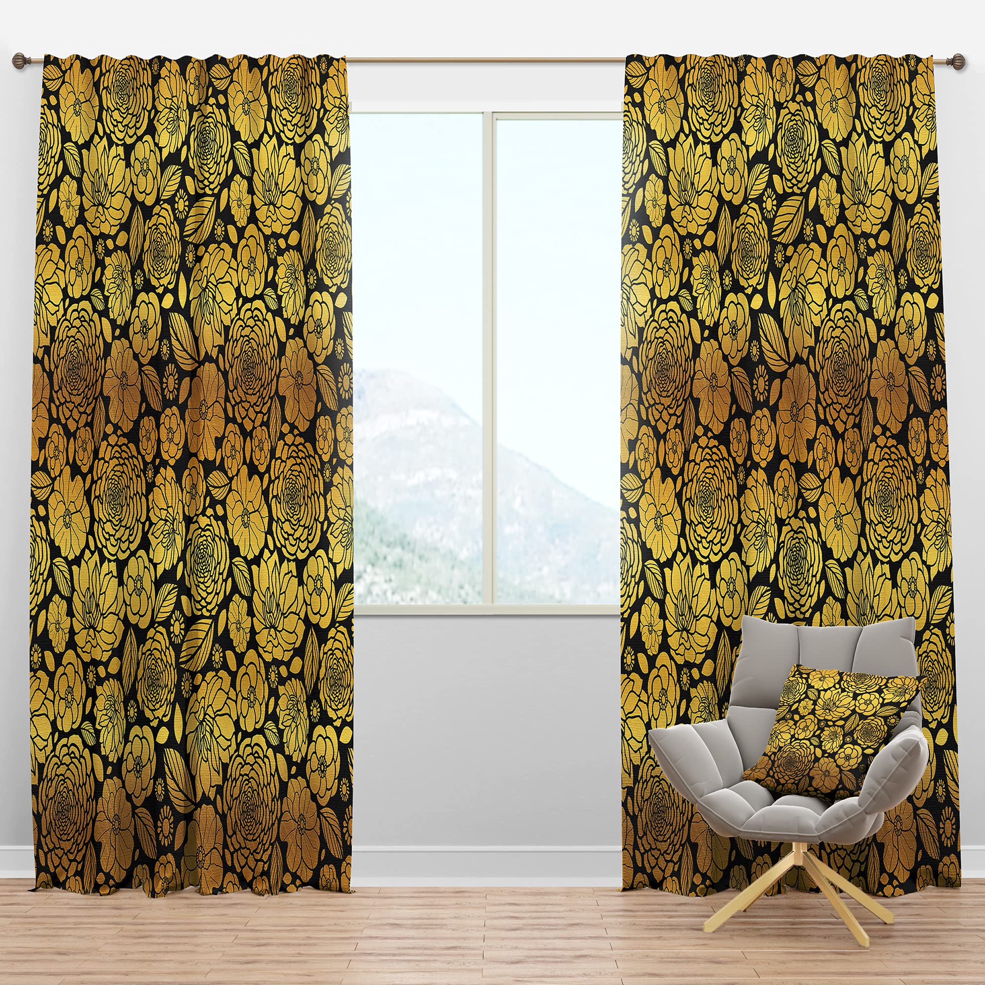DesignQ Blackout Curtains 'Golden Floral II' - Thermal Insulated Single Panel (52x63 inches) for Bedroom & Living Room - Noise Reducing & Energy Saving Window Drapes for Better Sleep & Home Decor