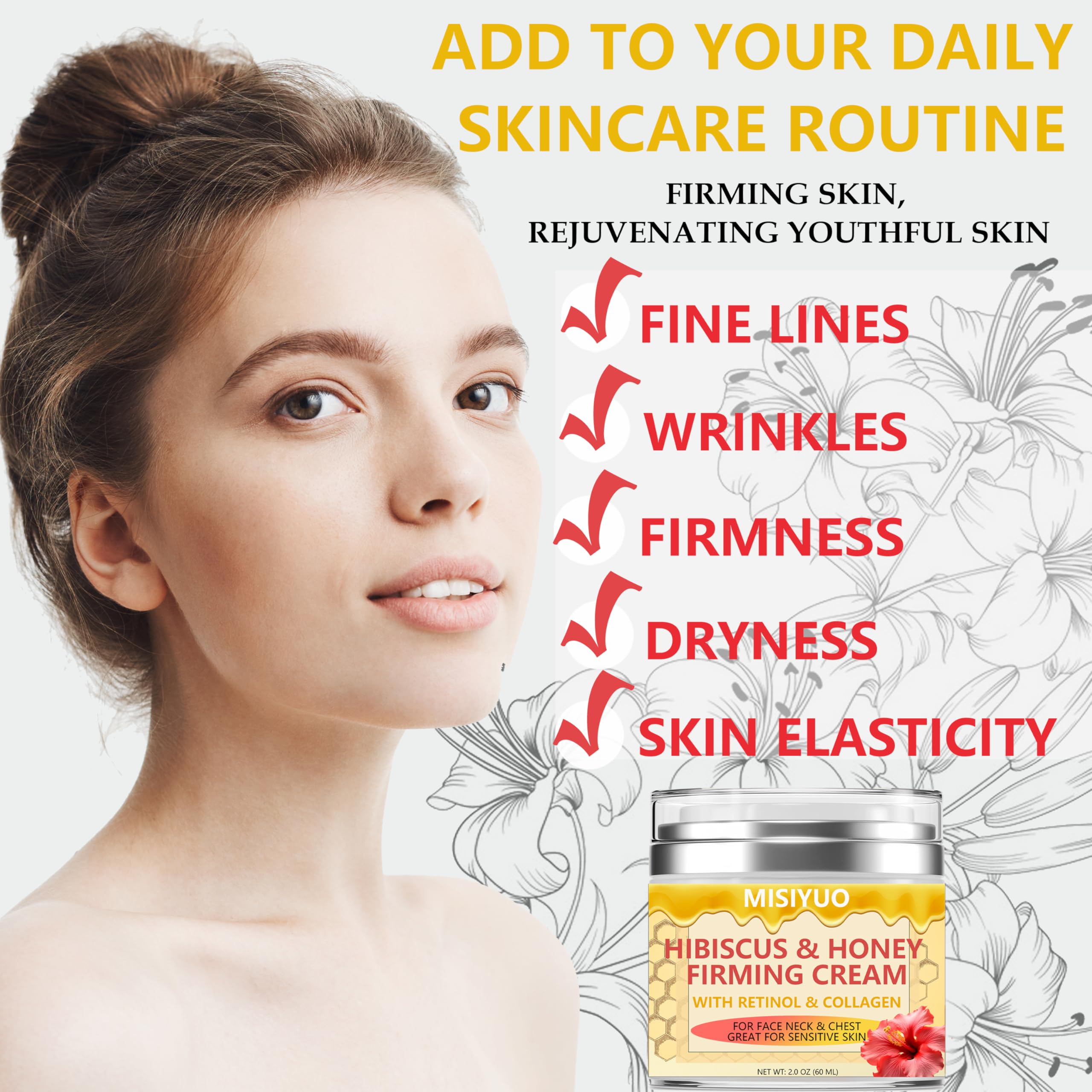 Best Hibiscus & Honey Firming Cream for Neck & Face - Moisturizing, Hydrating Skin Tightening Cream with Collagen & Hyaluronic Acid - Reduces Neck Lines & Wrinkles - 2 Fl Oz - Perfect for Night Routine & Anti-Aging Care