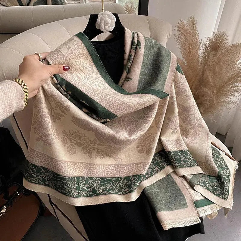 Luxury Double-Sided Cashmere Scarf for Women - Soft Wild Floral Print Shawl - Perfect for Winter, Office, and Evening Occasions