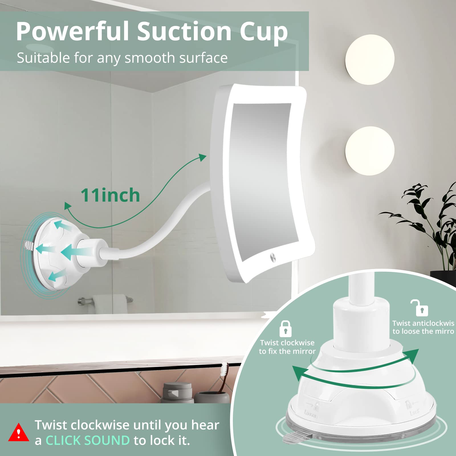 Fabuday 20X Magnifying Makeup Mirror with LED Lights - Flexible Gooseneck, Suction Cup & Portable Design for Bathroom, Vanity & Travel | Square Lighted Mirror for Precision Makeup, Skincare & Grooming