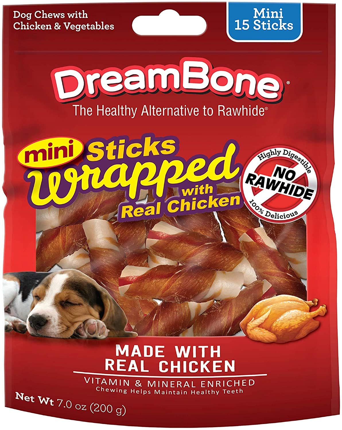 DreamBone Mini Sticks Wrapped With Real Chicken - Rawhide Free Dog Chew Treats for Small Dogs (15 Count) - Perfect for Training, Teething & Dental Health