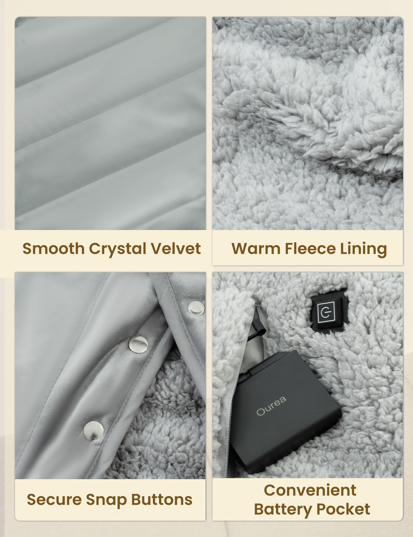 Ourea Battery Powered Heated Blanket - 10000mAh Rechargeable Portable Electric Blanket with 3 Heat Settings | Indoor Use for Camping, Travel, Office & Home (Hearth Grey)