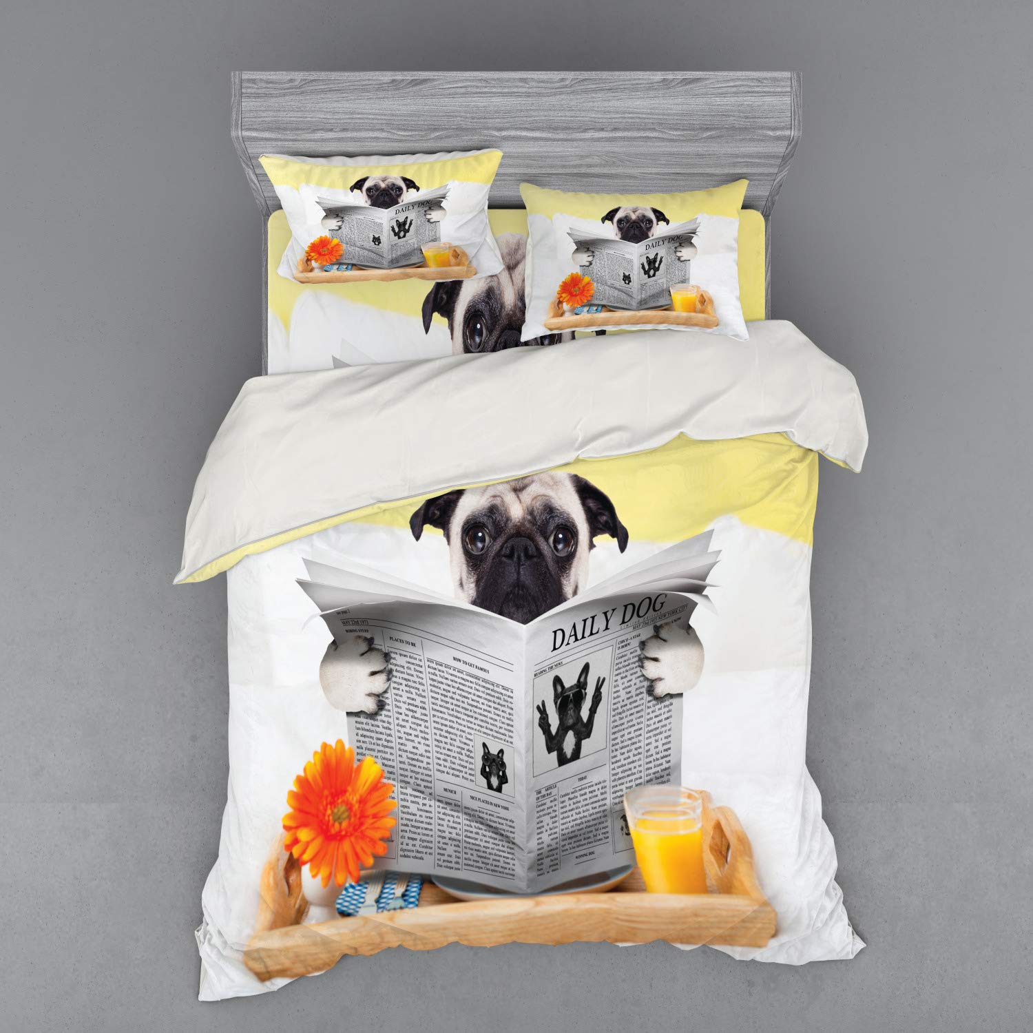 Ambesonne Pug Duvet Cover Set 4-Piece Queen - Funny Dog Breakfast in Bed Design for Cozy Bedroom Decor