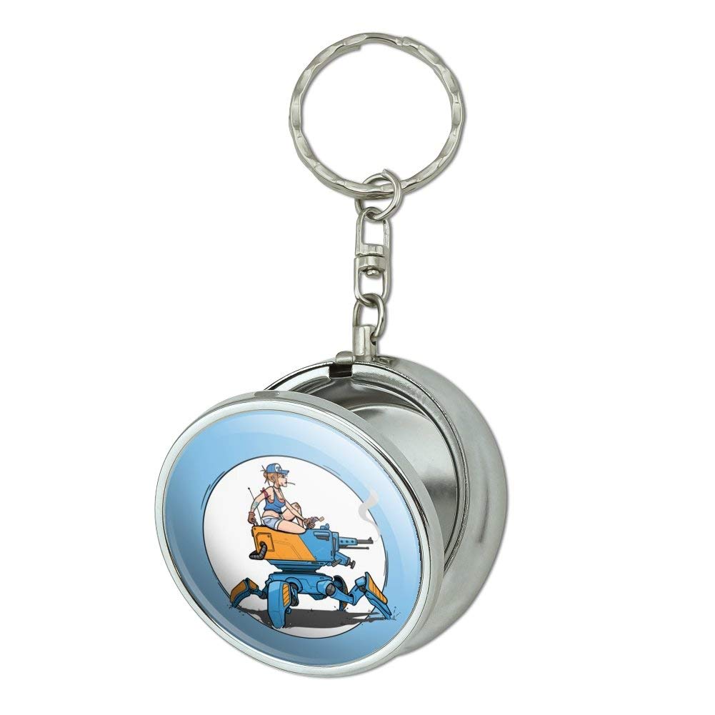 Mechanic Girl Riding Mecha Robot Tank Keychain - Portable Travel Size Pocket Purse Ashtray with Cigarette Holder - Unique Anime Mech Engineer Gift for Car Enthusiasts & Gamers - Perfect for Keychains, Collectibles & Smoking Accessories