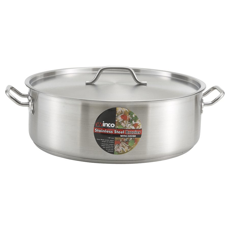 Winco 10 Qt Stainless Steel Braiser with Lid - Professional Cookware for Roasting, Searing & Slow Cooking - Perfect for Home Chefs & Restaurant Use