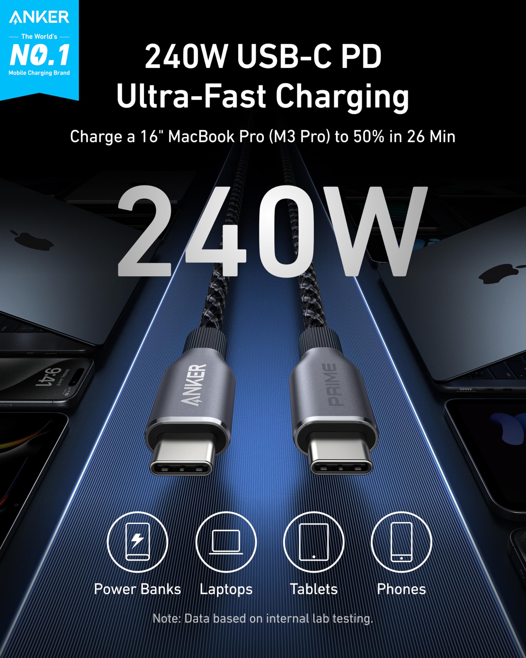Anker Prime 240W USB C to USB C Fast Charging Cable (3ft) - Braided Nylon Durable USB 2.0 Cable for iPhone 15 Series, MacBook, iPad, Galaxy S24 - Perfect for Home, Office & Travel Charging