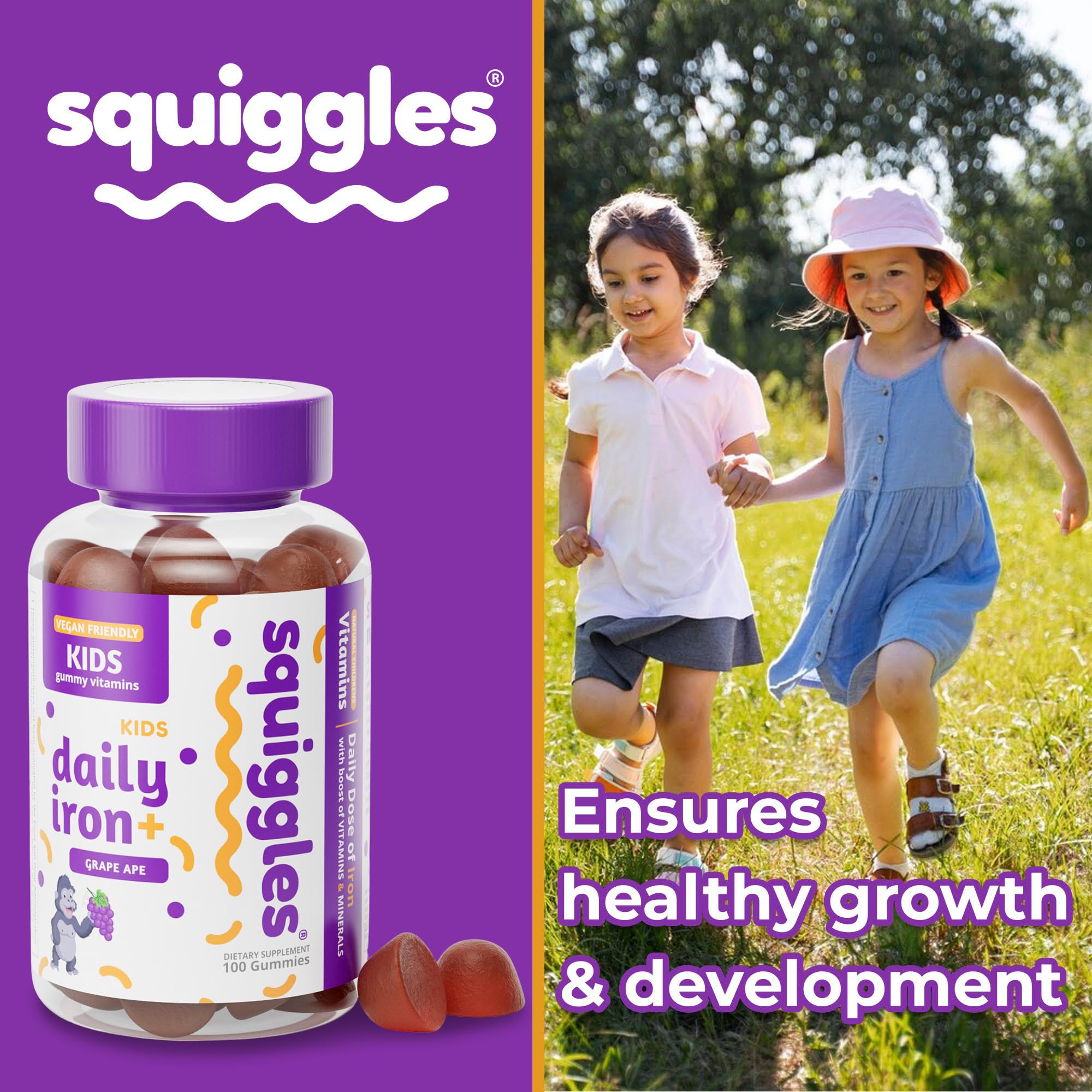 Squiggles Kids Iron+ Multivitamin Gummies - Vegan, Low Sugar Chewable Supplement for Toddlers & Children with Delicious Grape Flavor (100 Count) - Supports Immune Health & Energy for Active Kids
