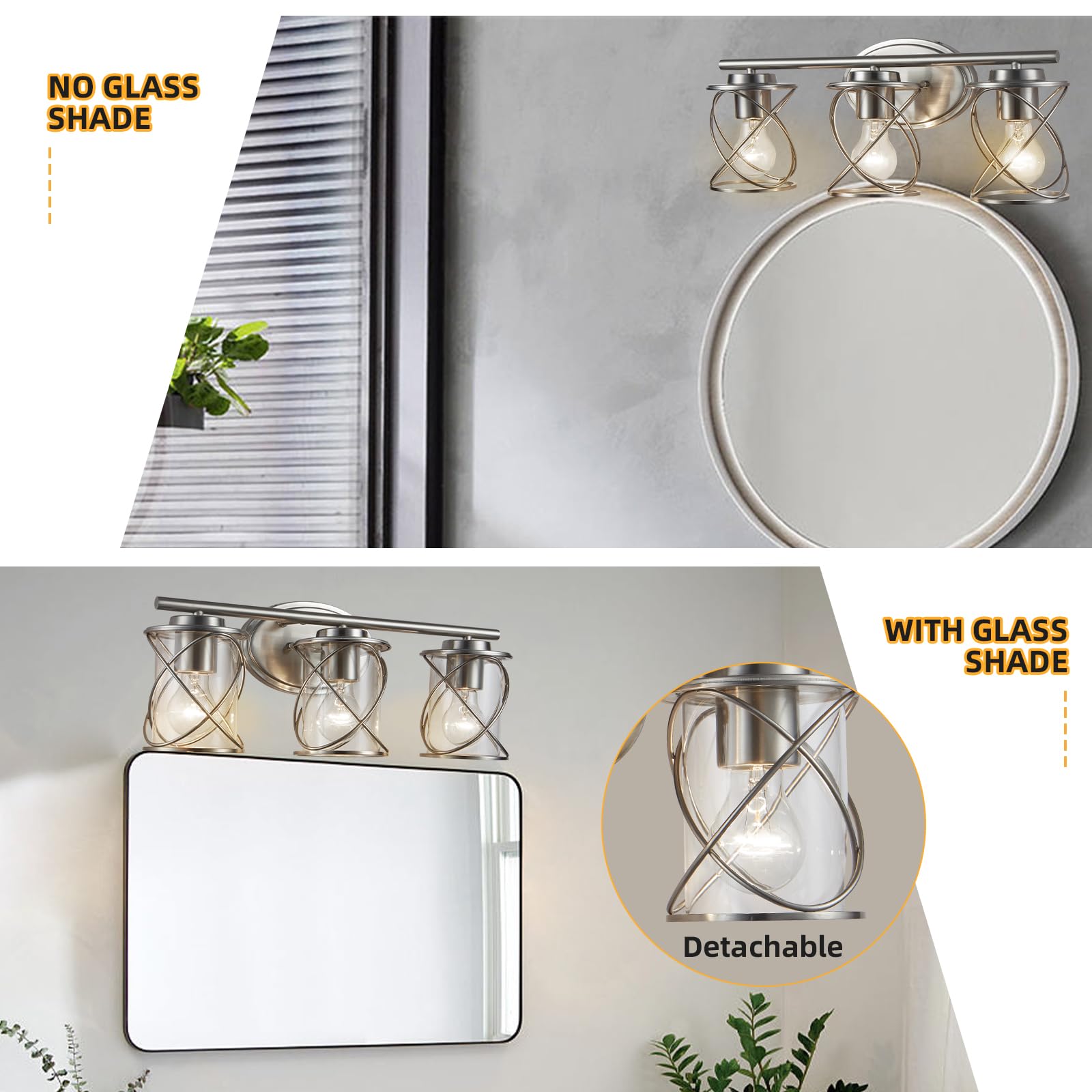 3-Lights Bathroom Vanity Lighting Fixtures - Brushed Nickel Farmhouse Wall Sconce with Clear Glass Shade - Perfect for Mirror Lighting in Bathroom, Kitchen, Bedroom and Dressing Room