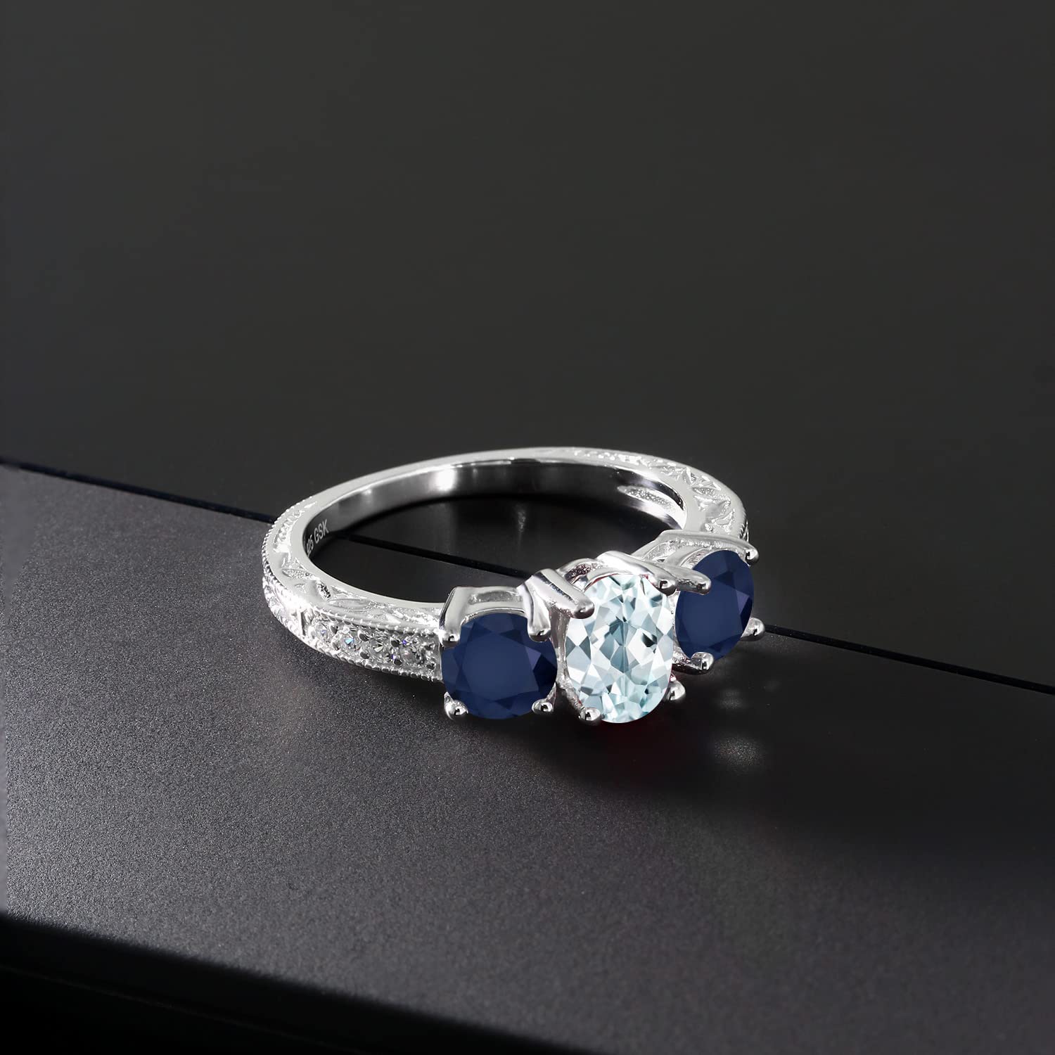 2.07 Ct Oval Sky Blue Aquamarine & Blue Sapphire Sterling Silver Moissanite Ring for Women - Elegant Wedding, Engagement & Anniversary Jewelry Gift